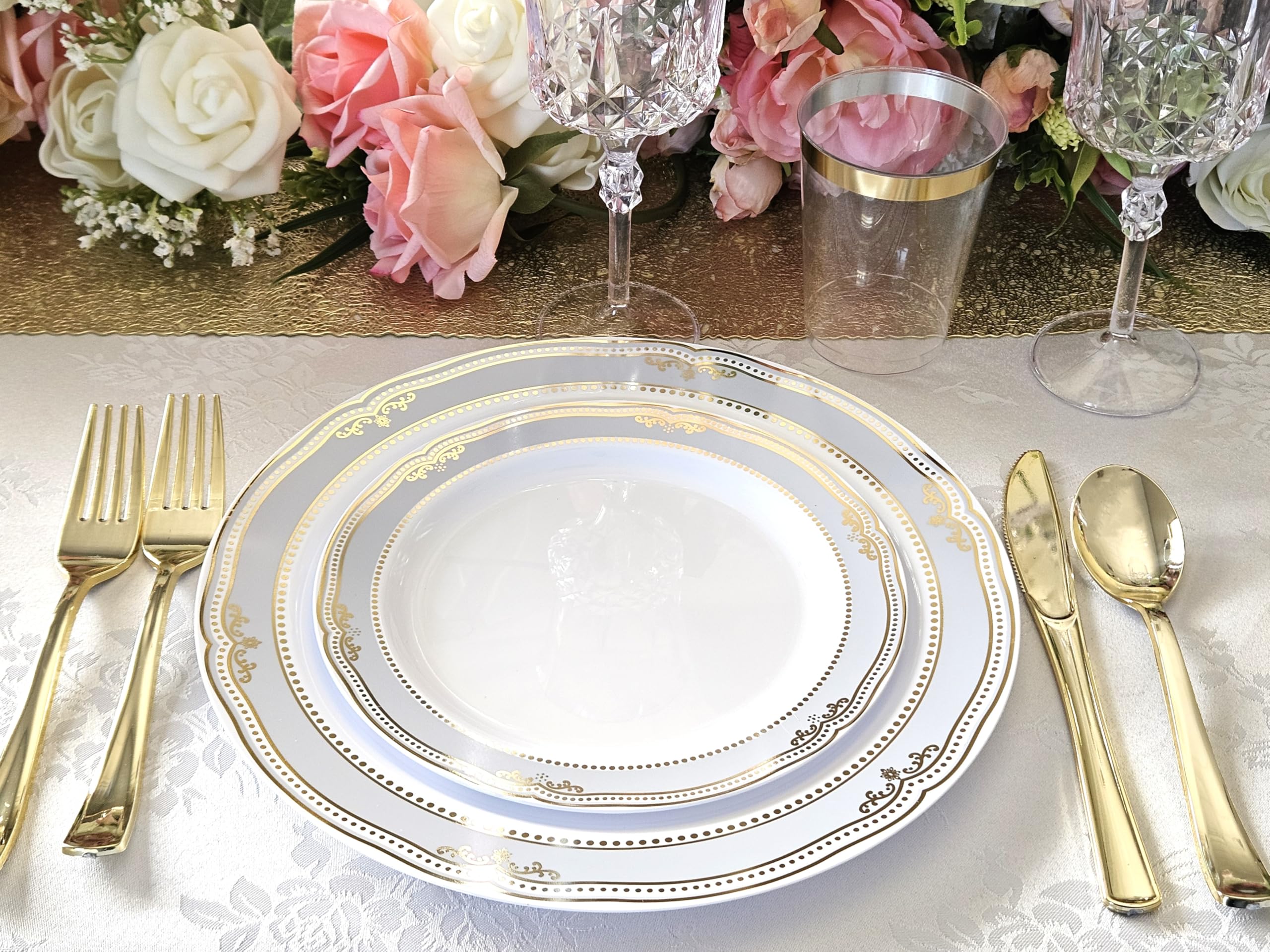 60-Piece Disposable Plastic Plates & Bowls Set - 12oz Scalloped Soup Bowls for Weddings, Parties & Events (White/Blue & Gold) - Perfect for Catering, Picnics & Family Gatherings