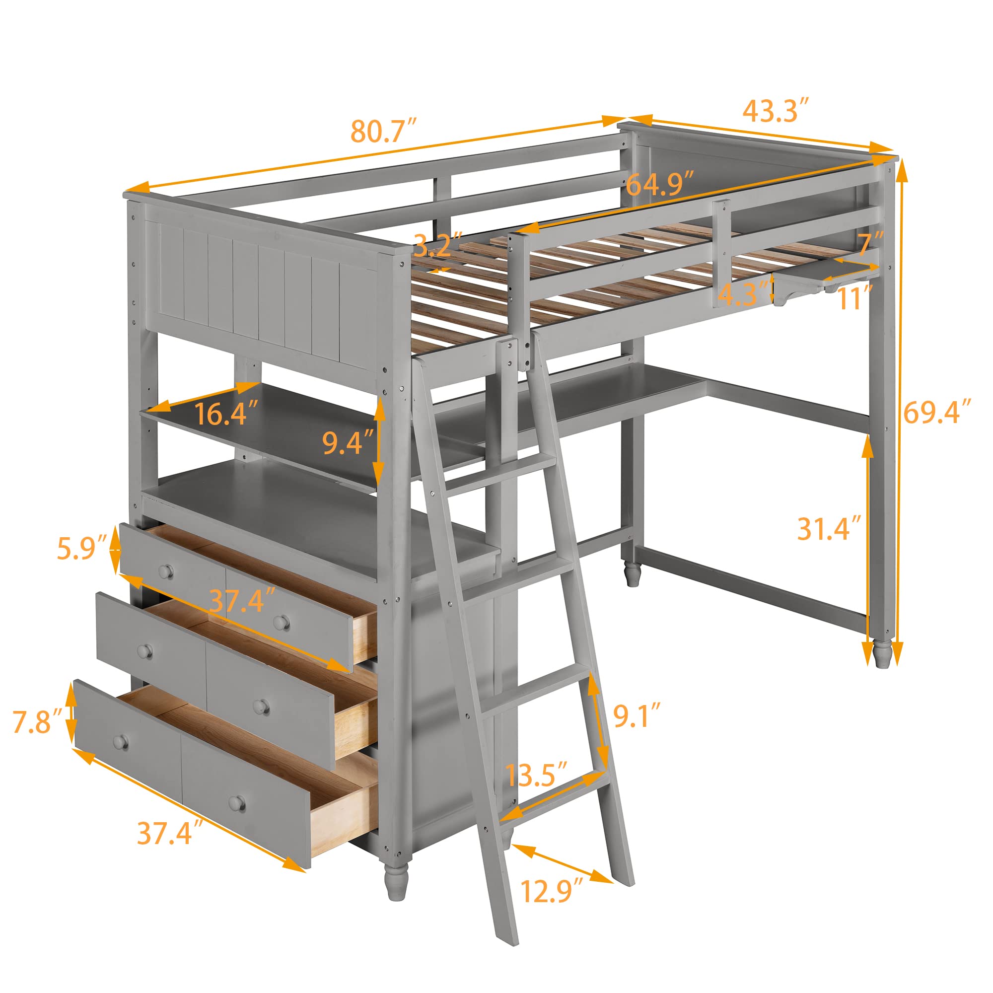 **Solid Wood Twin Loft Bed with Desk for Kids - Sturdy Loft Bed Frame with 3 Drawers & 3 Storage Shelves, Multi-Functional Study & Sleep Space with Ladder & Guardrails (Gray) - Perfect for Small Bedrooms, Dorms & Kids' Rooms**