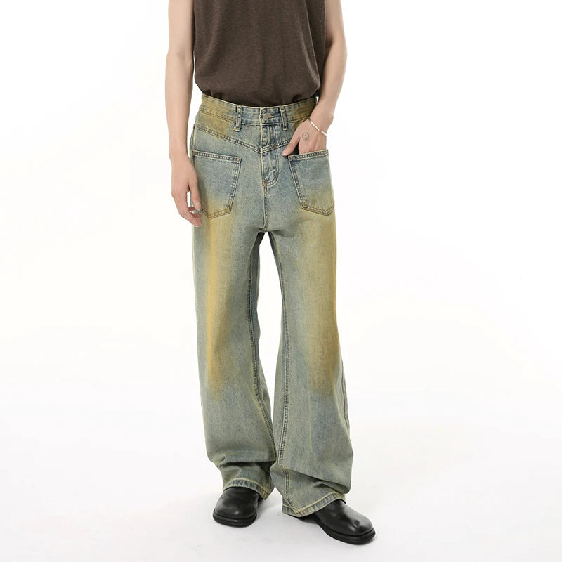 American Style Men's Reversible Contrast Color Distressed Straight Wide Leg Washed Denim Jeans - Casual Wear & Street Fashion | New Arrival 9W1846