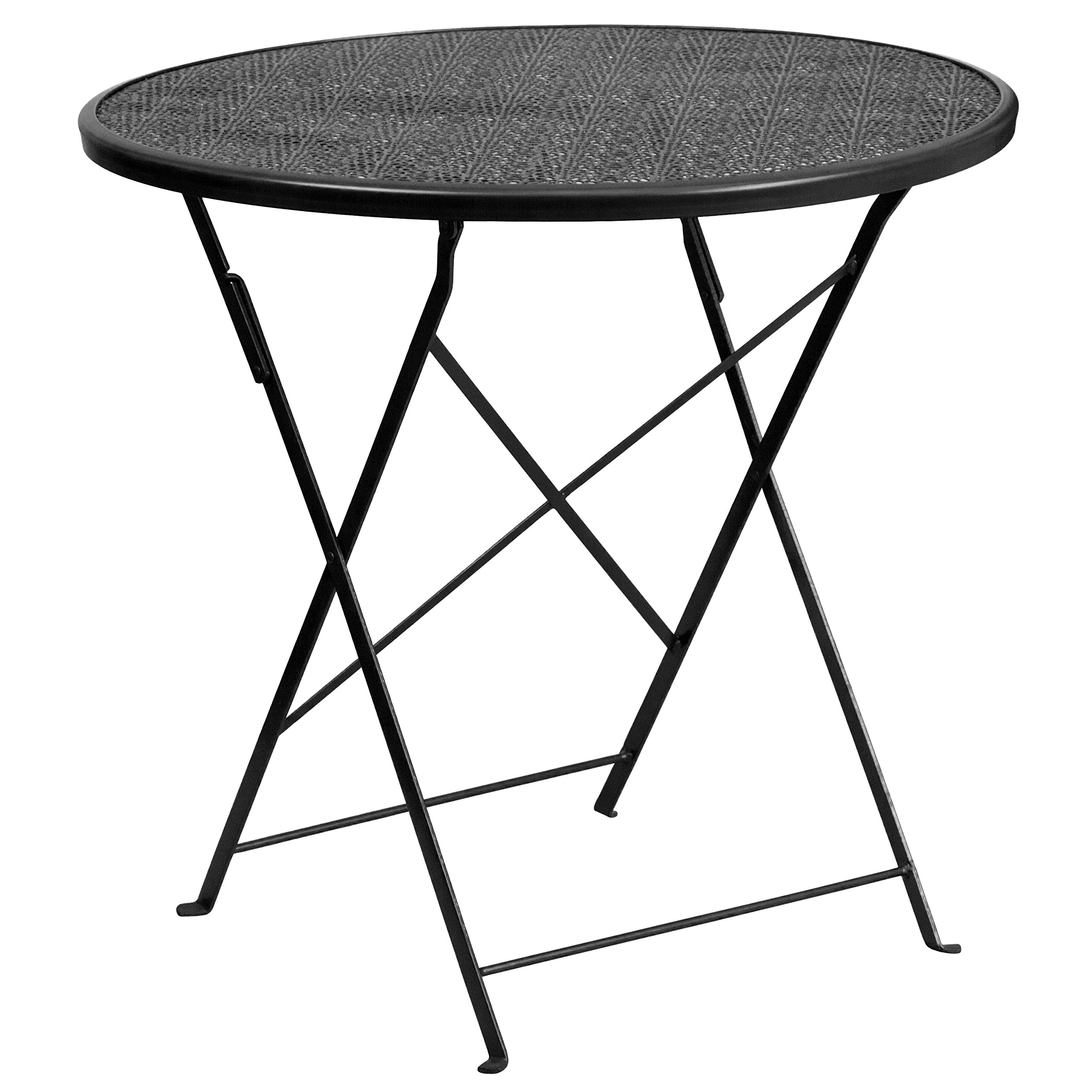 EMMA + OLIVER 30-Inch Round Black Steel Folding Patio Table - Commercial Grade Indoor Outdoor Dining Table for Restaurants, Cafes, and Backyard Gatherings