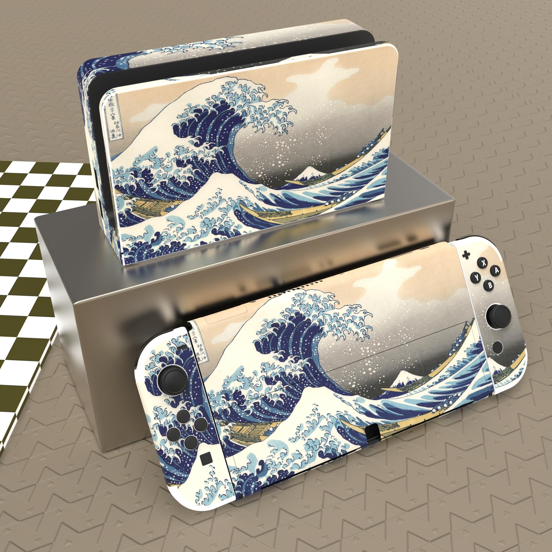 PlayVital Full Set Protective Stickers for Nintendo Switch OLED Model - Custom Vinyl Decal Skins for Switch OLED Console, Joycon, Dock & Grip - The Great Wave Design - Perfect for Gaming Protection and Personalization