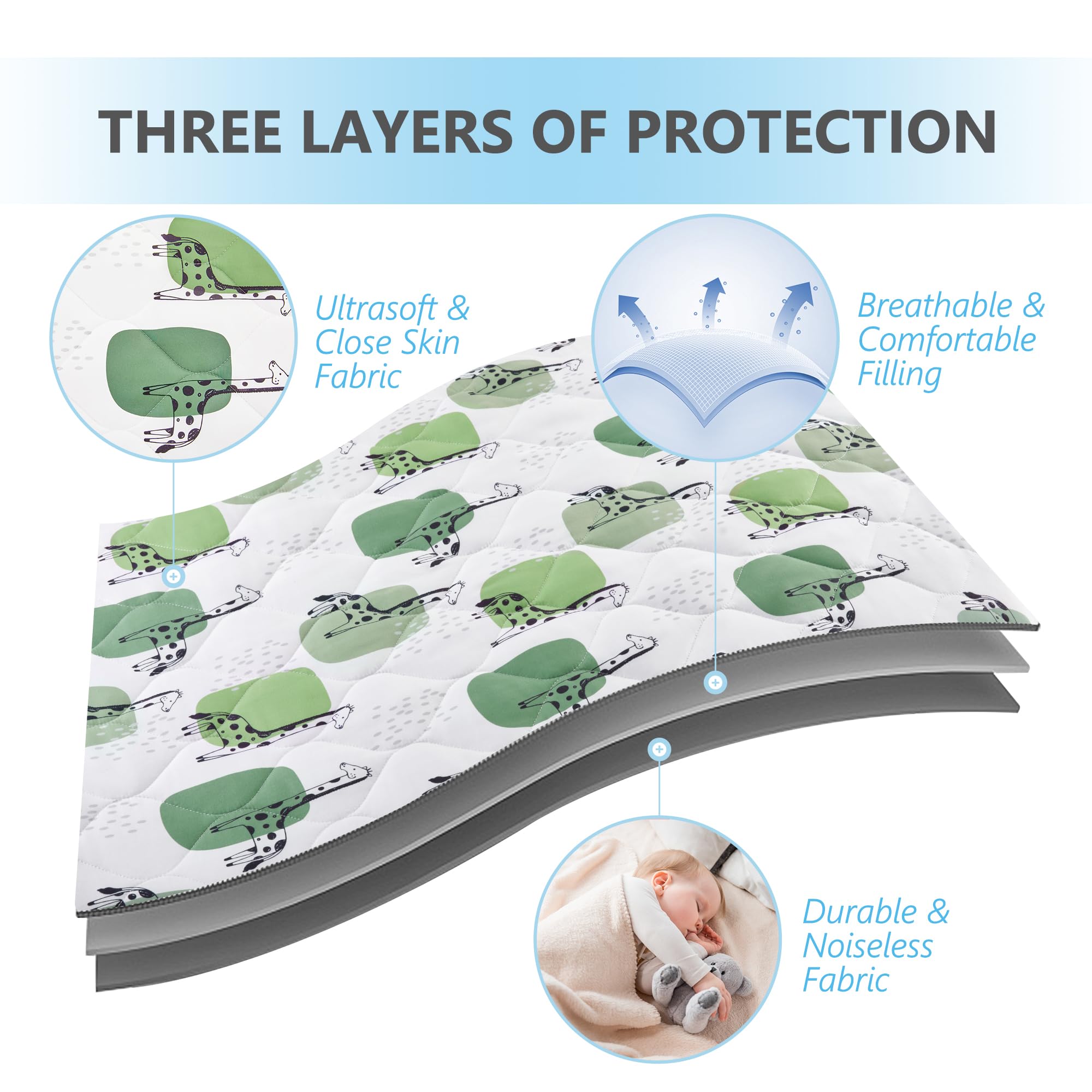 TILLYOU Pack and Play Sheet - Soft Quilted Crib Cover Pad, Toddler Mattress Protector with 1-3 Inch Deep Pocket, Thick Play Yard Playpen Sheet for Baby Crib - 39x27 Inches, Green Giraffe Print - Perfect for Nursery, Daycare & Travel Use