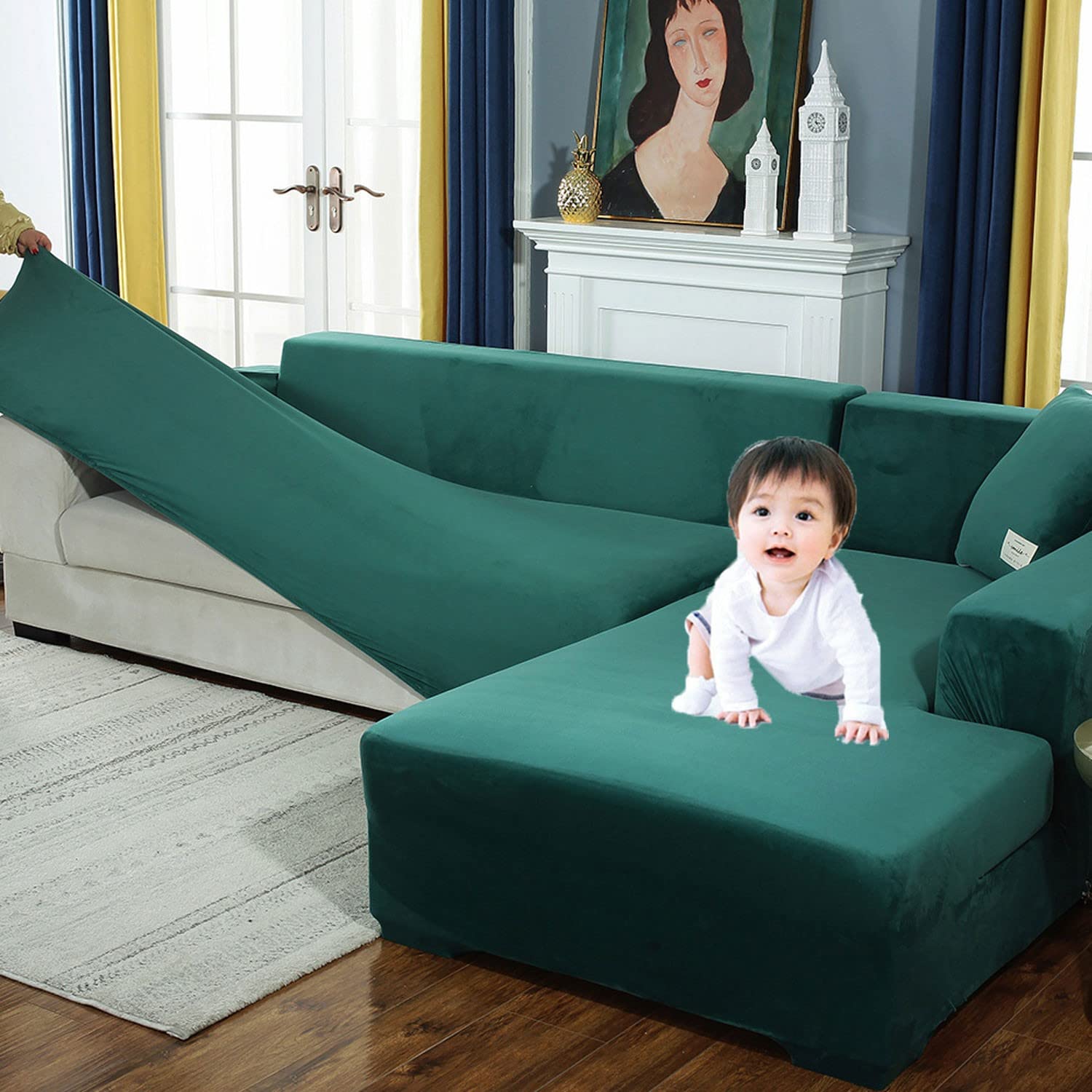 Stretch L-Shaped Sectional Sofa Slipcover - 4+4 Seat Couch Cover for Pets & Kids, Furniture Protector for 3-Cushion Sofa - GreenB | Perfect for Living Room, Family Room & Pet-Friendly Homes