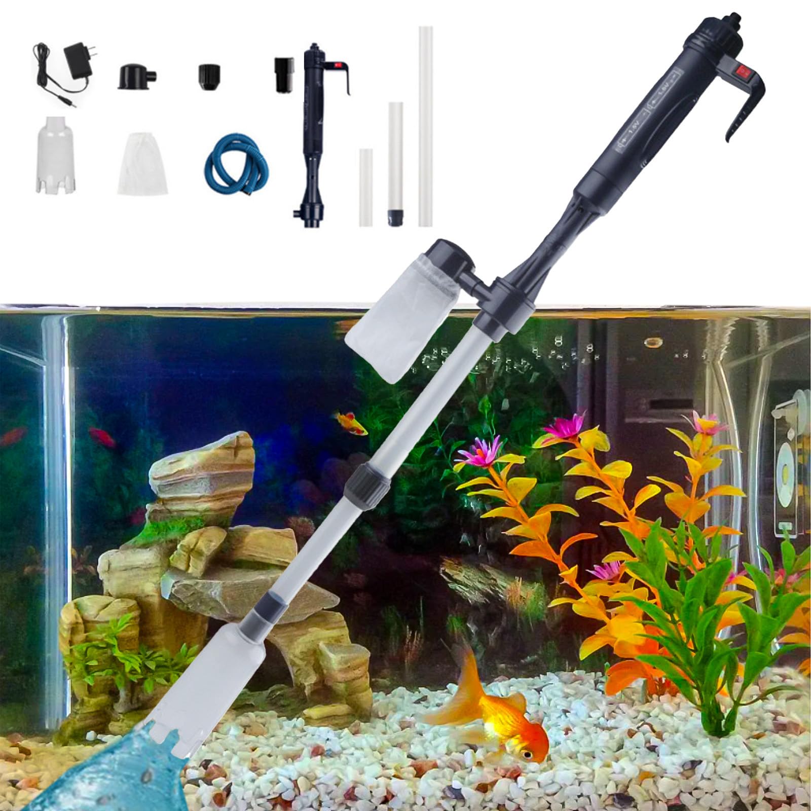 Fufafayo 4-in-1 Electric Aquarium Gravel Cleaner - Automatic Siphon Water Changer, Sand Washer & Fish Tank Vacuum Cleaner for Freshwater & Saltwater Aquariums | Perfect for Weekly Tank Maintenance & Substrate Cleaning