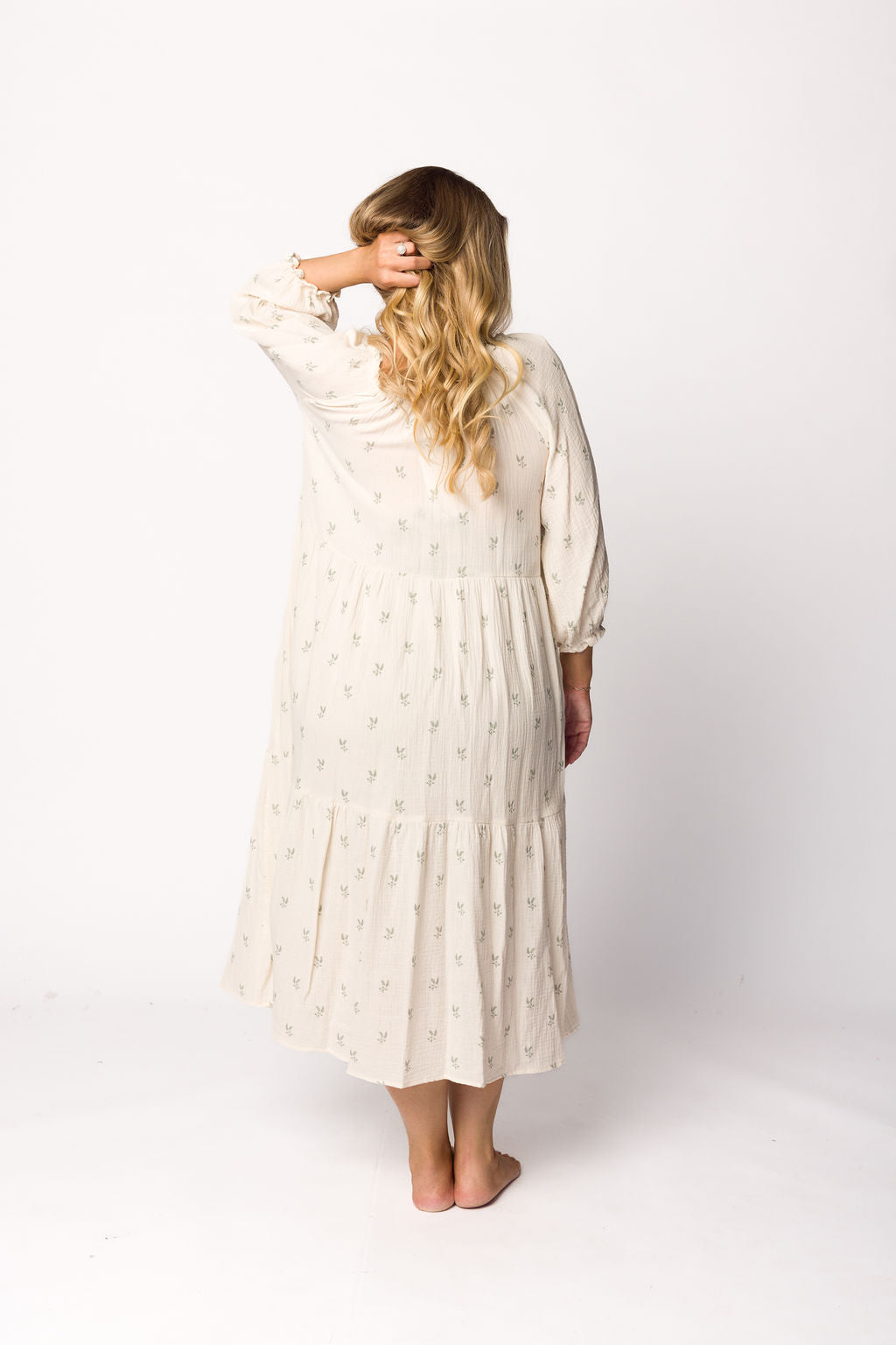 Avery Tiered Linen Blend Midi Dress in Soy/Sage Foliage - Bump Friendly Maternity Dress with Inclusive Sizing for Women | Perfect for Summer Weddings, Beach Vacations & Casual Outings