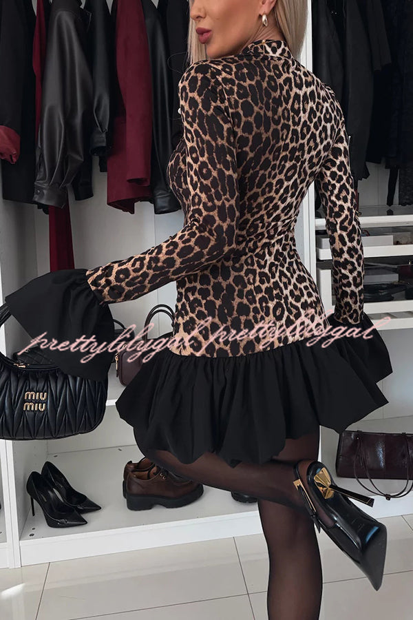 Stevie Leopard Print Patchwork Bell Sleeve Stretch Mini Dress | Women's Fashion Party & Night Out Outfit