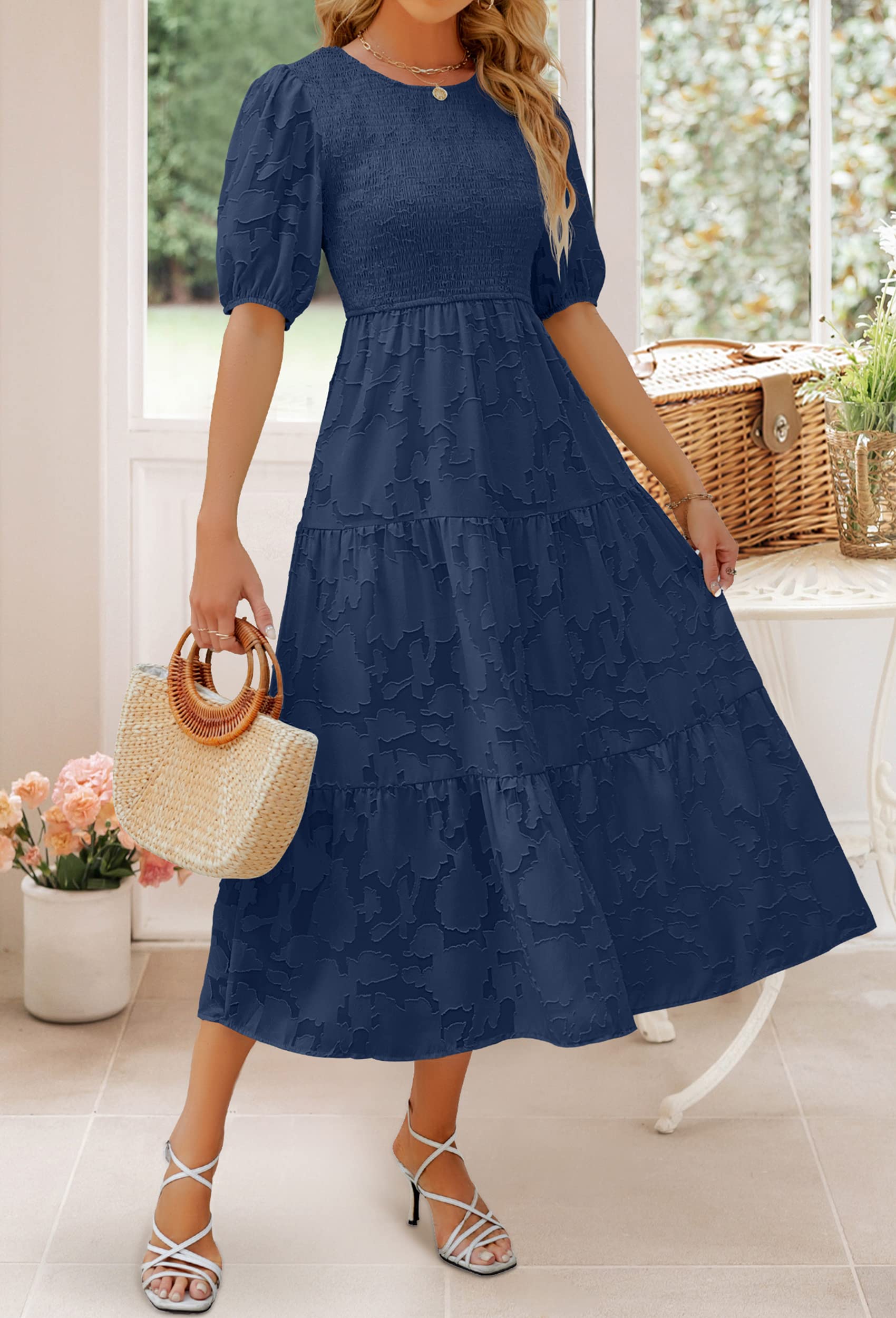 ZESICA Women's Summer 2025 Floral Lace Maxi Dress with Puff Sleeves & Smocked Waist - A-Line Tiered Flowy Dress for Beach, Wedding & Casual Wear