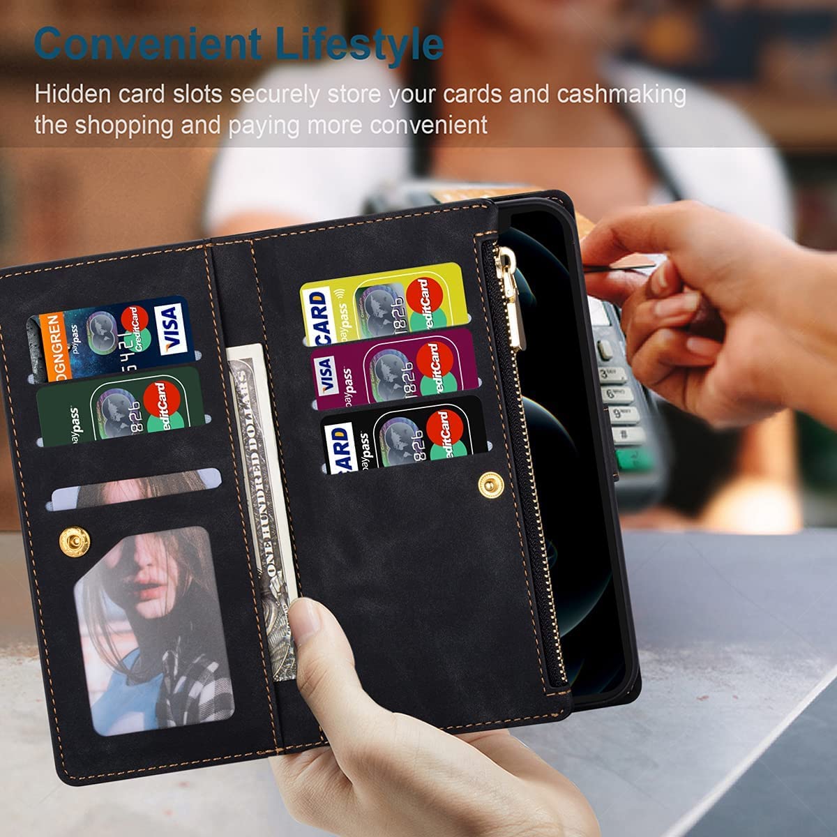 Premium Leather Wallet Case for Samsung Galaxy S22 Ultra - Zipper Pocket with 9 Card Slots, Flip Cover & Wrist Strap | Perfect for Business, Travel & Everyday Use (Black)
