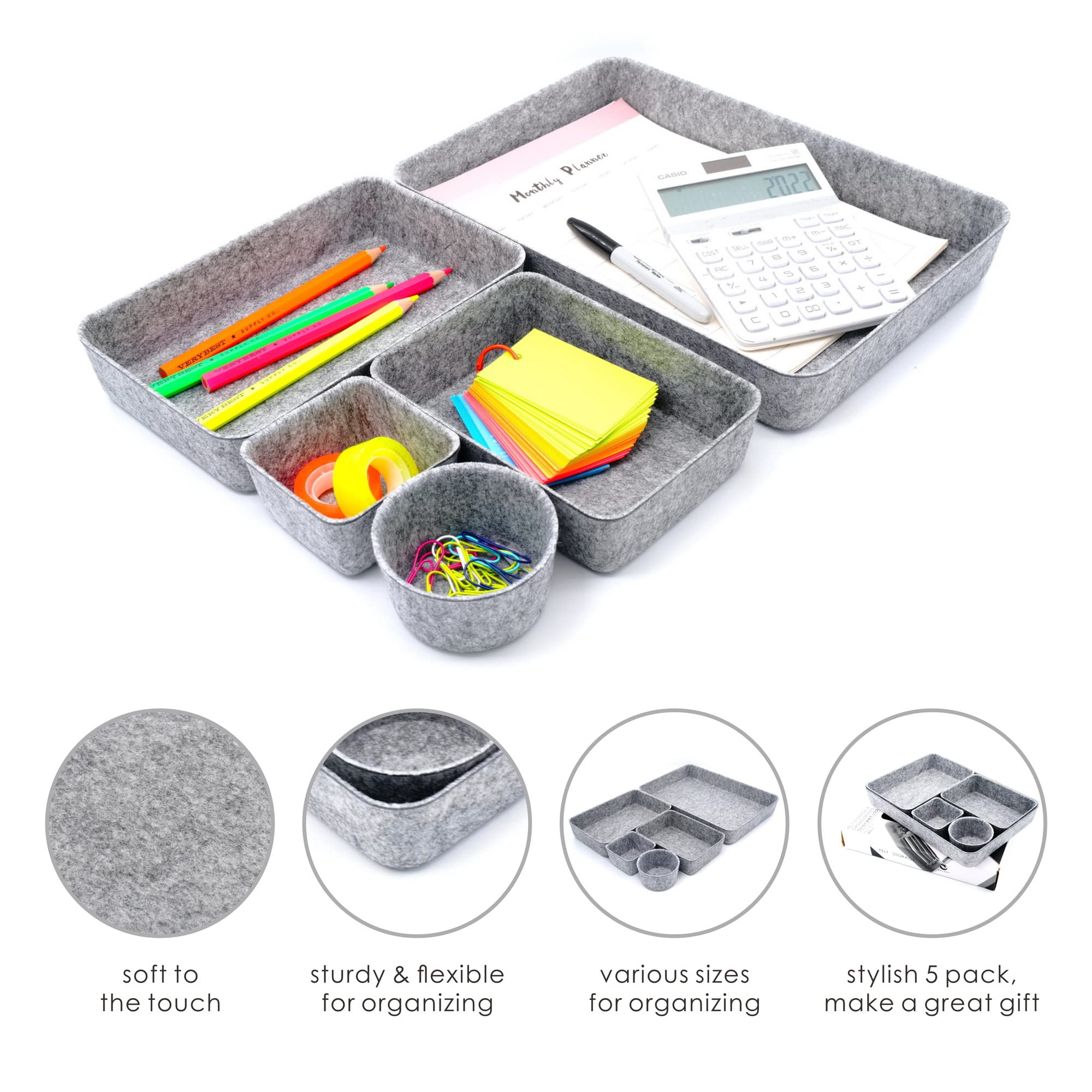 WELAXY 5-Piece Gray Felt Desk Drawer Organizer Set - Storage Bins, Paper Letter Trays, Document File Holder for Office, Home & School Use - Perfect for Organizing Papers, Magazines & Office Supplies