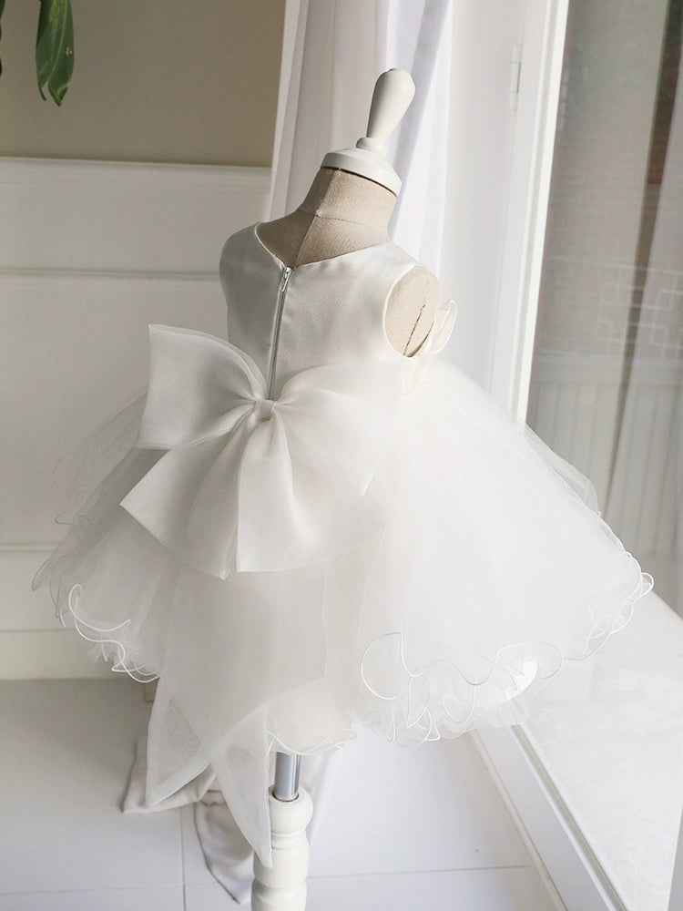 White Princess Round Tea Length Satin Flower Girl Dress for Weddings, Flower Girls & Special Occasions