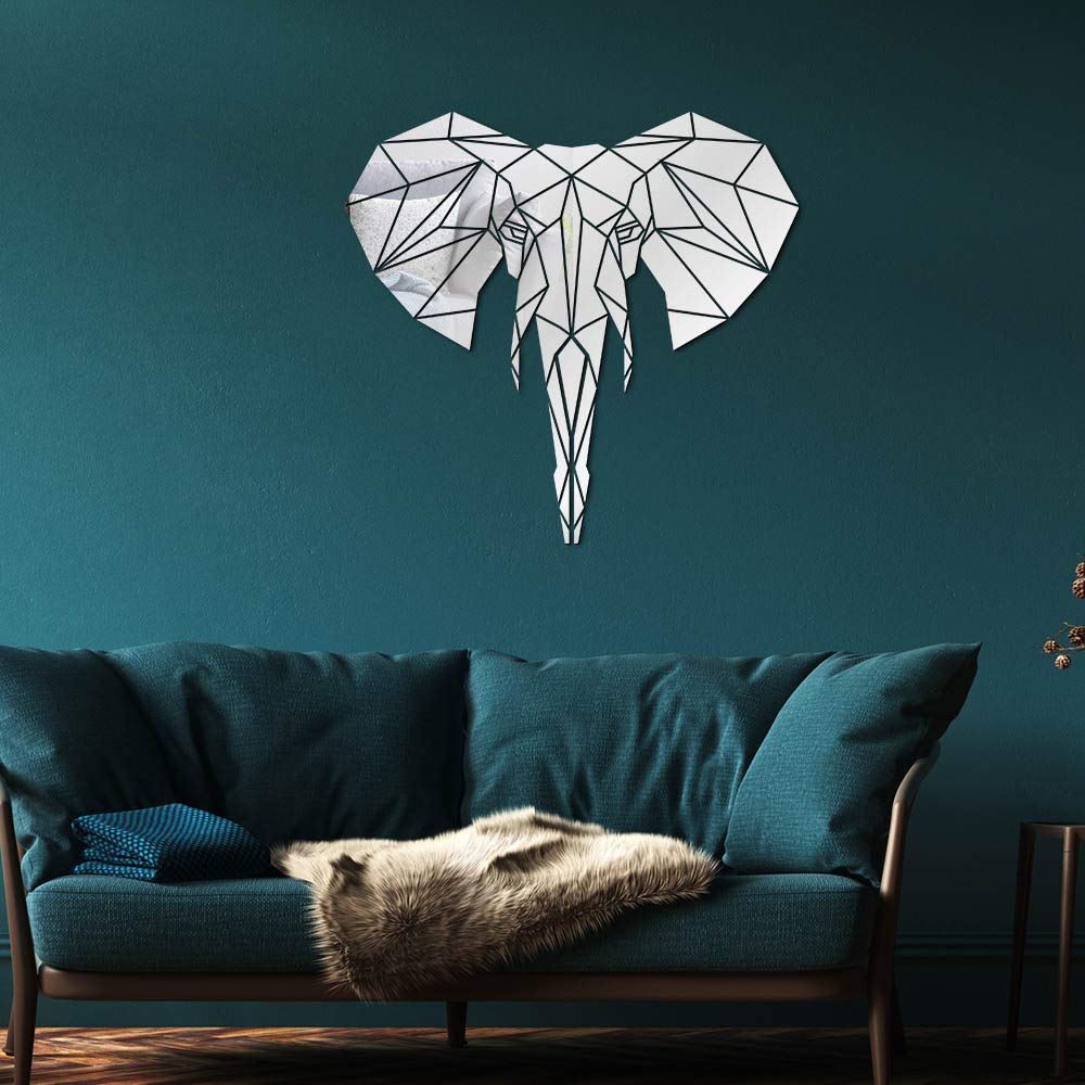 Geeky Days Silver Elephant Acrylic Mirror Wall Stickers - Wildlife Animal Mural Home Decor, Geometric Elephant Shape Wall Mirror for Safari Theme DIY Wall Art - Perfect for Nursery, Kids Room & Jungle Themed Decor