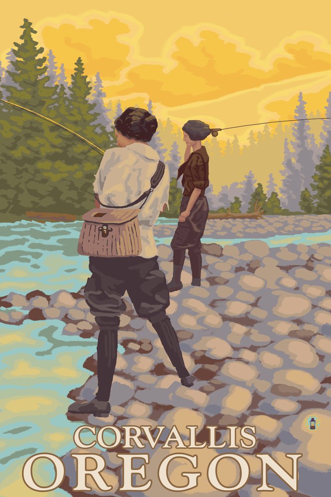 Lantern Press Corvallis Oregon Women Fishing Art - 16x24 Wrapped Canvas Wall Decor for Living Room, Bedroom & Office