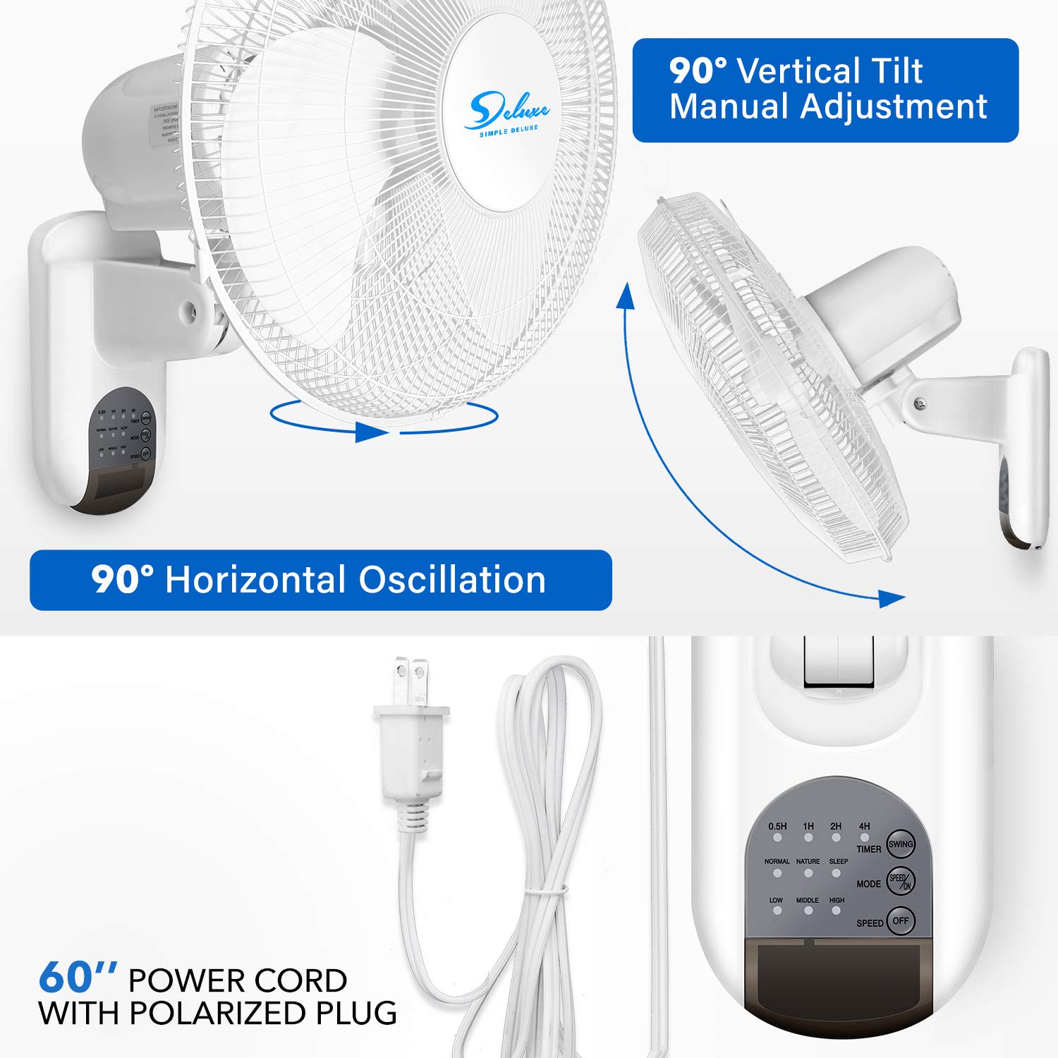 Simple Deluxe InfiniPower 16 Inch Adjustable Tilt Wall Mount Fan - 90 Degree Rotation, 3 Speed Settings, Digital Control, White - Perfect for Home, Office, Bedroom, and Kitchen Cooling