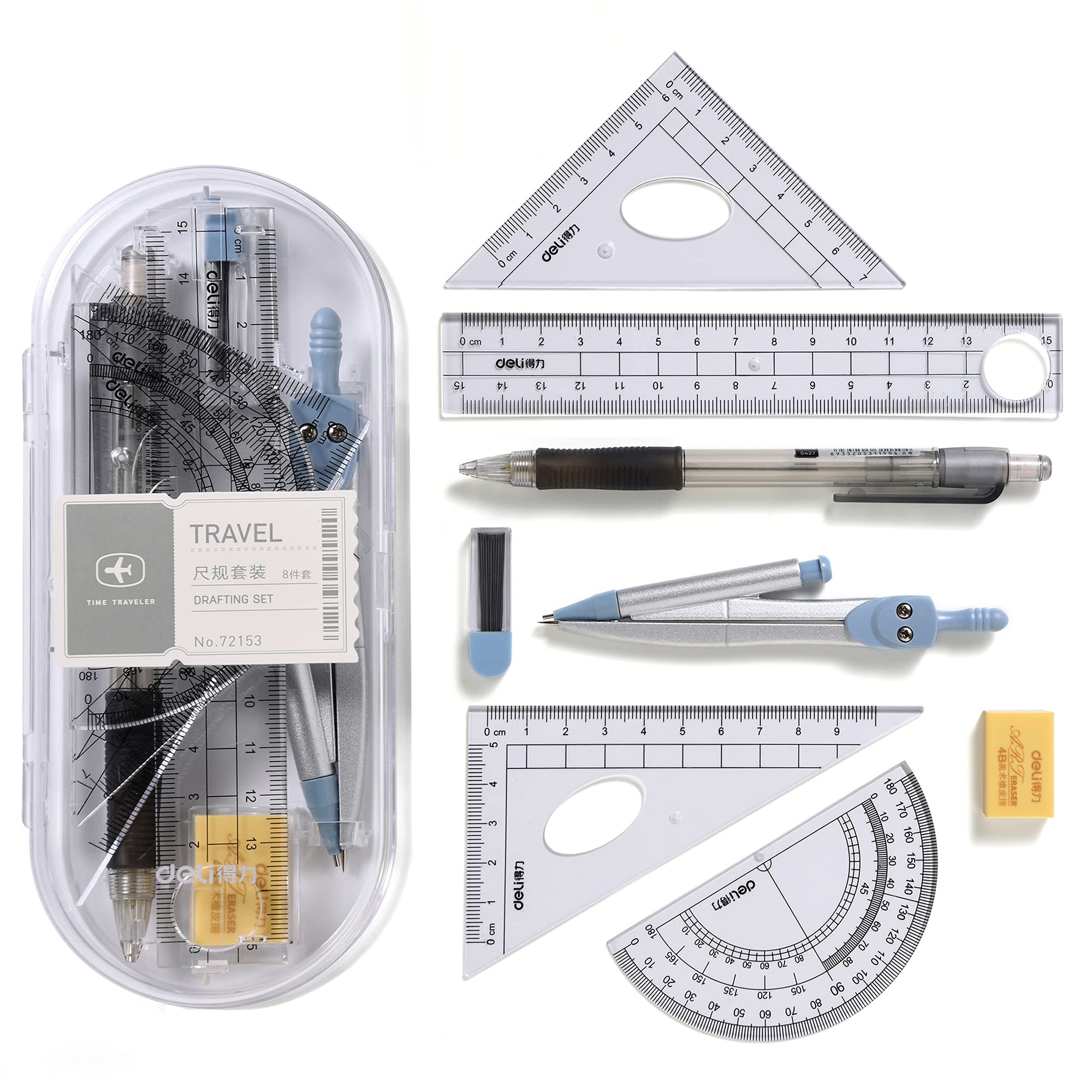 8-Piece Math Geometry Kit Set with Protractor, Rulers, Compass, Pencil Lead Refills & Eraser - Perfect for Students, Engineers & Artists - Back to School Supplies & Technical Drawing Tools