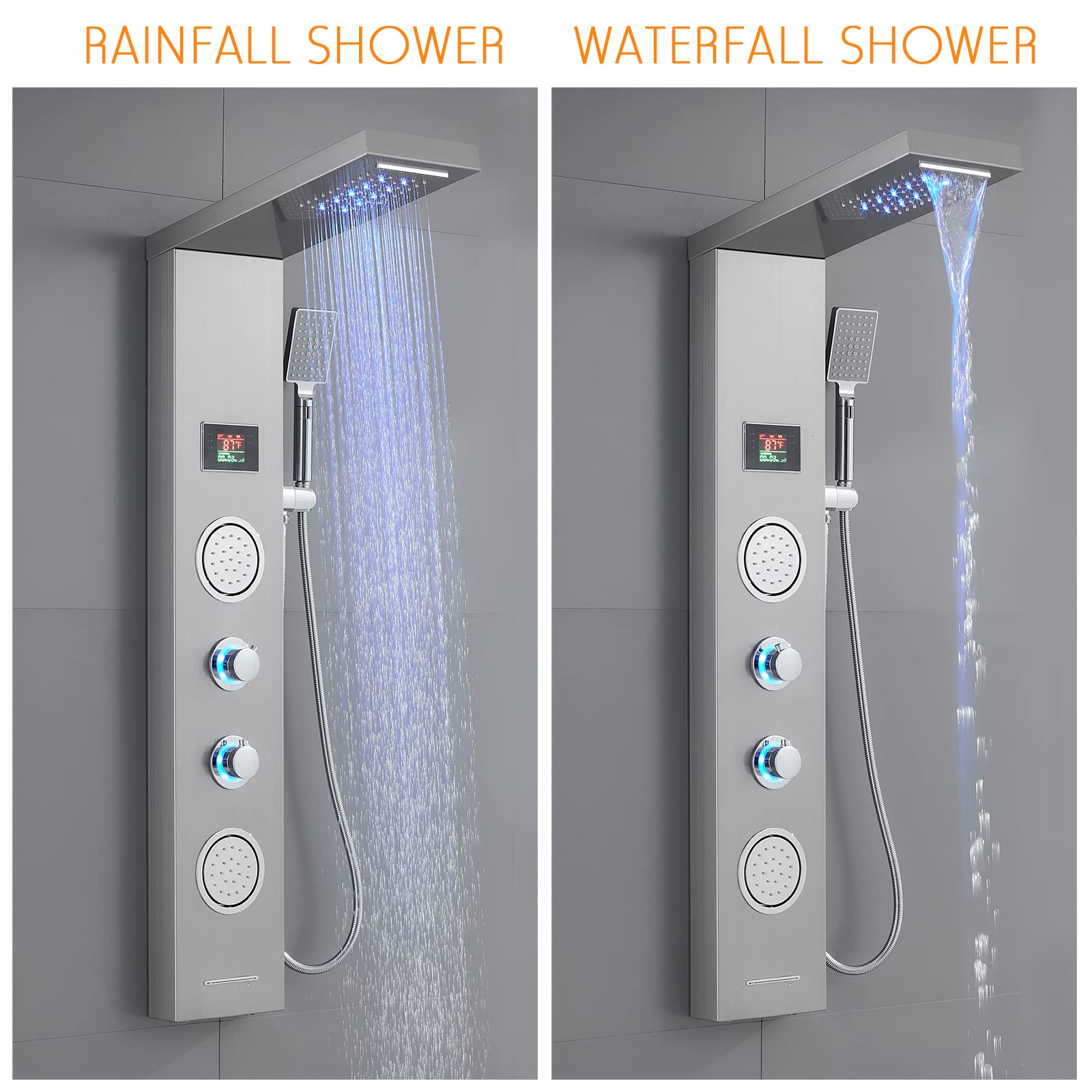 ROVATE 5-in-1 LED Shower Panel Tower System with Rainfall Shower Head, Body Massage Jets, Handheld Shower & Tub Spout - Brushed Stainless Steel for Spa-Like Bathroom Experience
