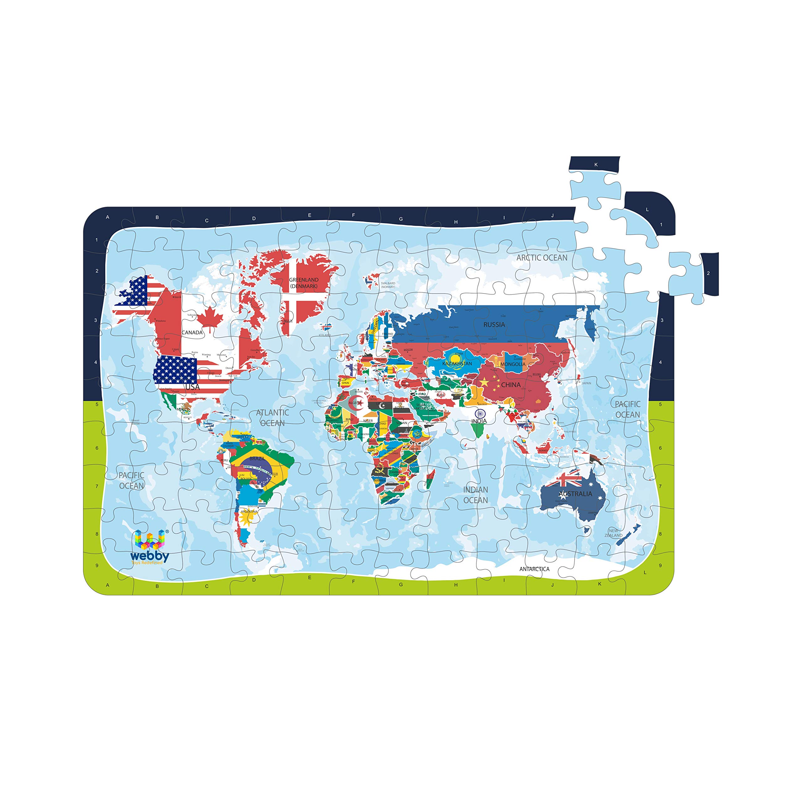 Webby Kids World Map with Flags - 108 Piece Wooden Jigsaw Puzzle for Children | Educational Geography Toy for Classroom & Home Learning