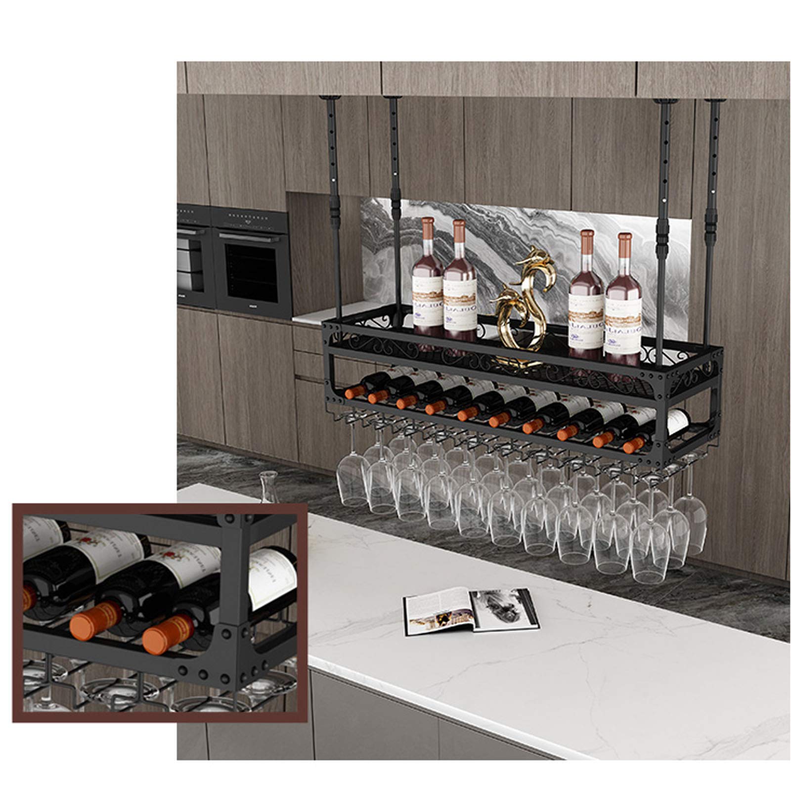 Ceiling Mounted Wine Rack & Glass Holder - Adjustable 2-Tier Industrial Metal Wine Shelf (39.4