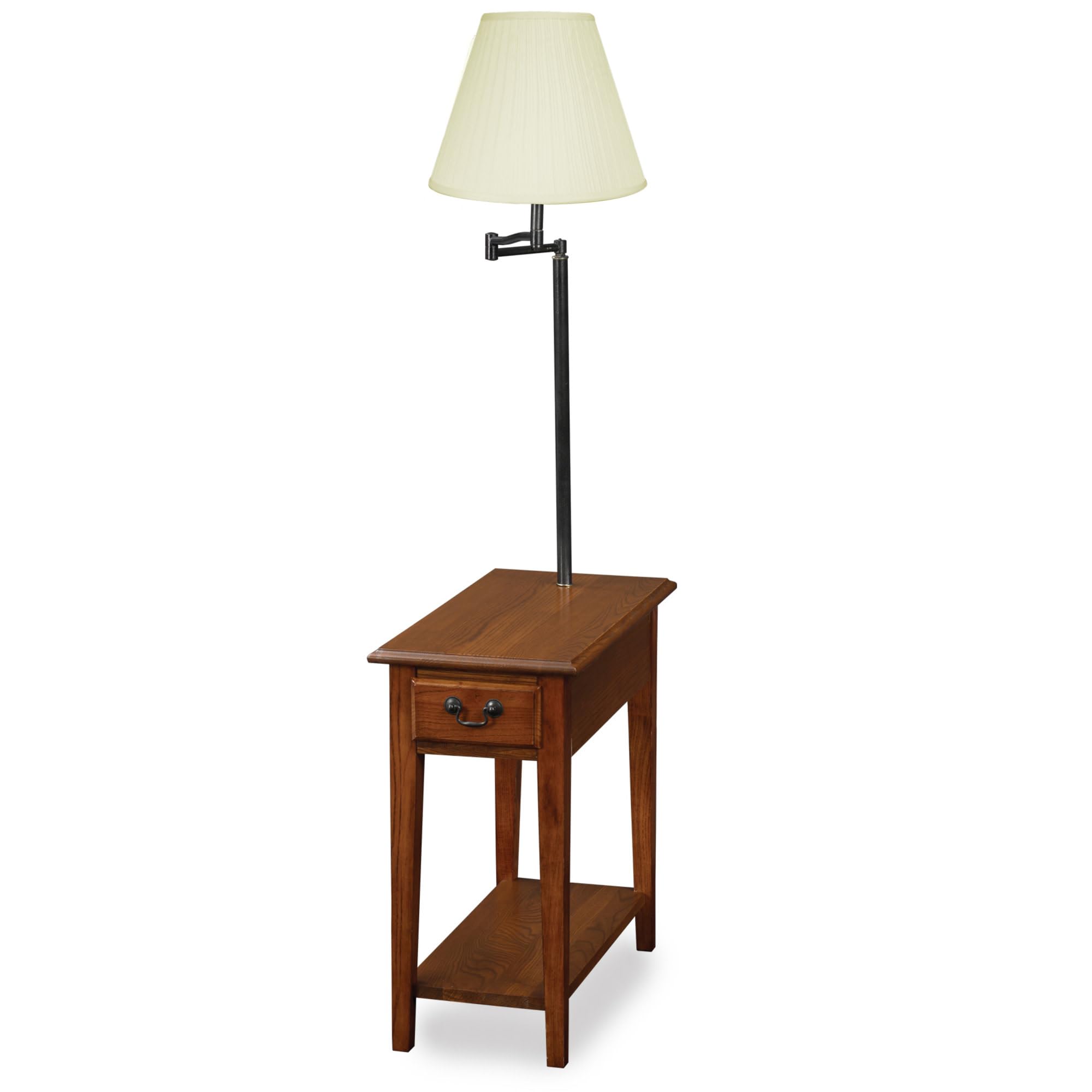 Haven Ridge Solid Wood Side Table with Built-In Swing Arm Lamp and Drawer - Medium Oak Brown Nightstand for Bedroom, Living Room, Entryway - Compact End Table for Small Spaces by Leick Home (Model 9037-MED) - Perfect for Reading Nook, Studio Apartment & Cozy Corners