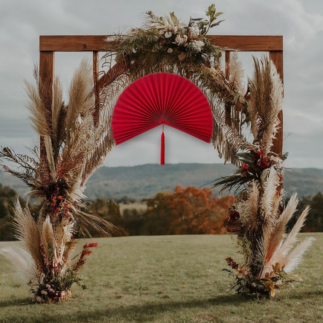 Large Folding Bamboo Wall Fan Decor - 47in Handmade Boho Fan Wall Art, Over Bed Headboard Decor for Bedroom, Living Room, and Patio - Red (M)