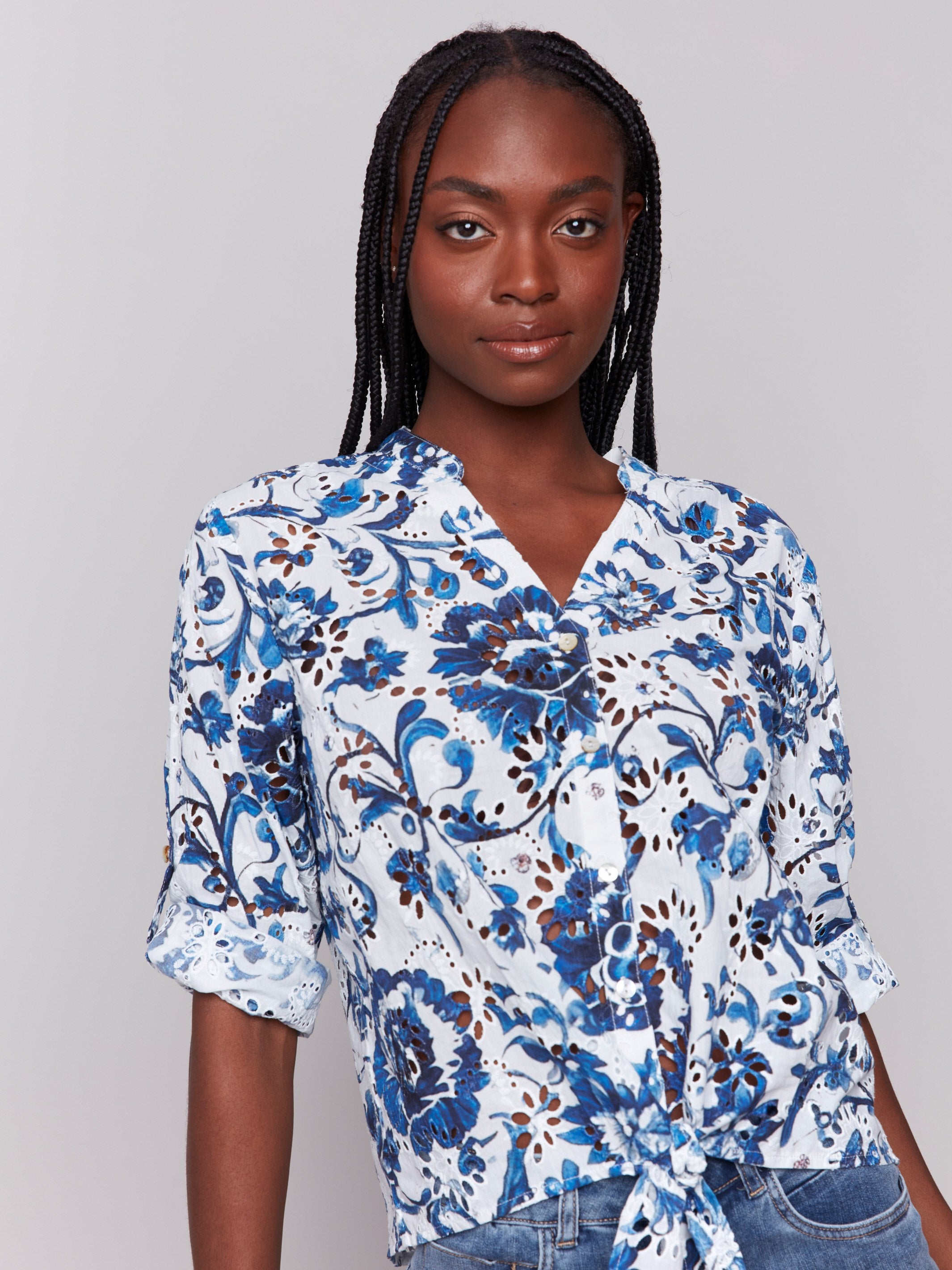 Printed Eyelet Cotton Blouse with Front Tie - Floral Delphinium Design - Women's Fashion Top for Casual Wear, Office Outfits & Summer Dressing