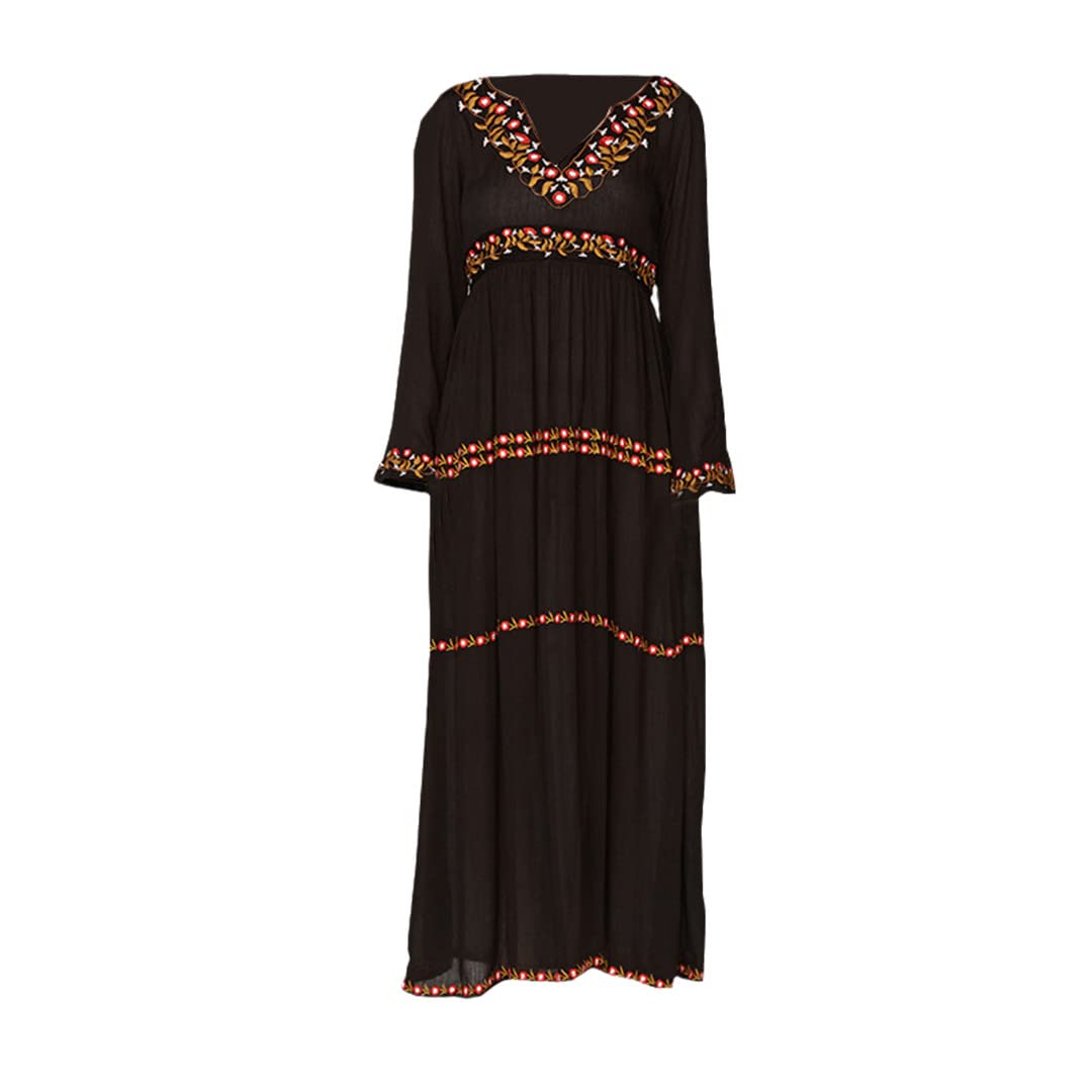 Korean Style Summer Slim Bohemian Ethnic Retro Embroidered V-Neck Long Sleeve Dress for Women | Beach Vacation, Date Night & Casual Outfit