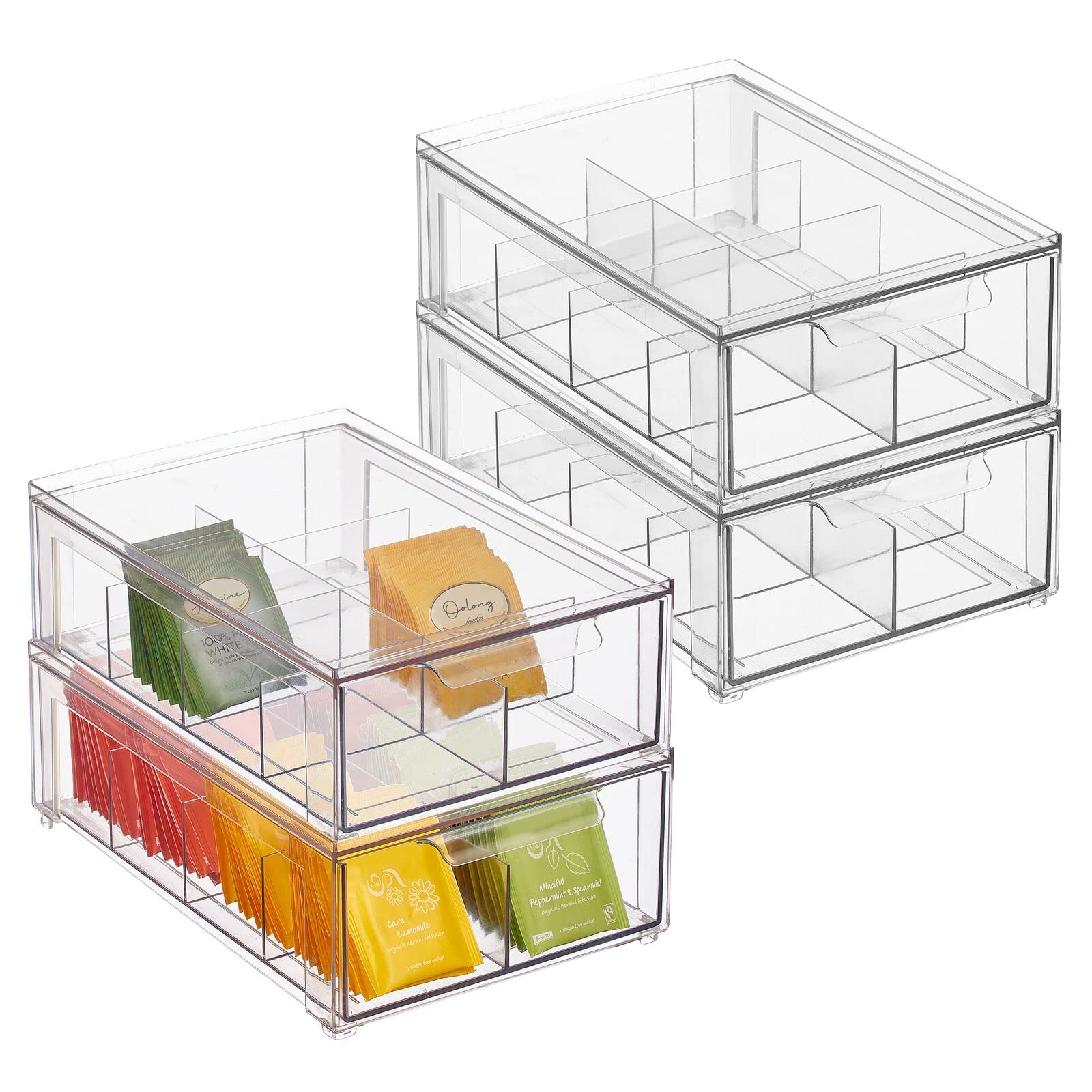 mDesign Plastic Kitchen and Pantry Organizer with Divided Drawer - Stackable 8-Section Bin for Tea, Snacks, Spices - Perfect for Cabinet, Fridge, Countertop Storage - Clear Lumiere Collection (4-Pack) - Ideal for Small Space Organization & Kitchen Decluttering