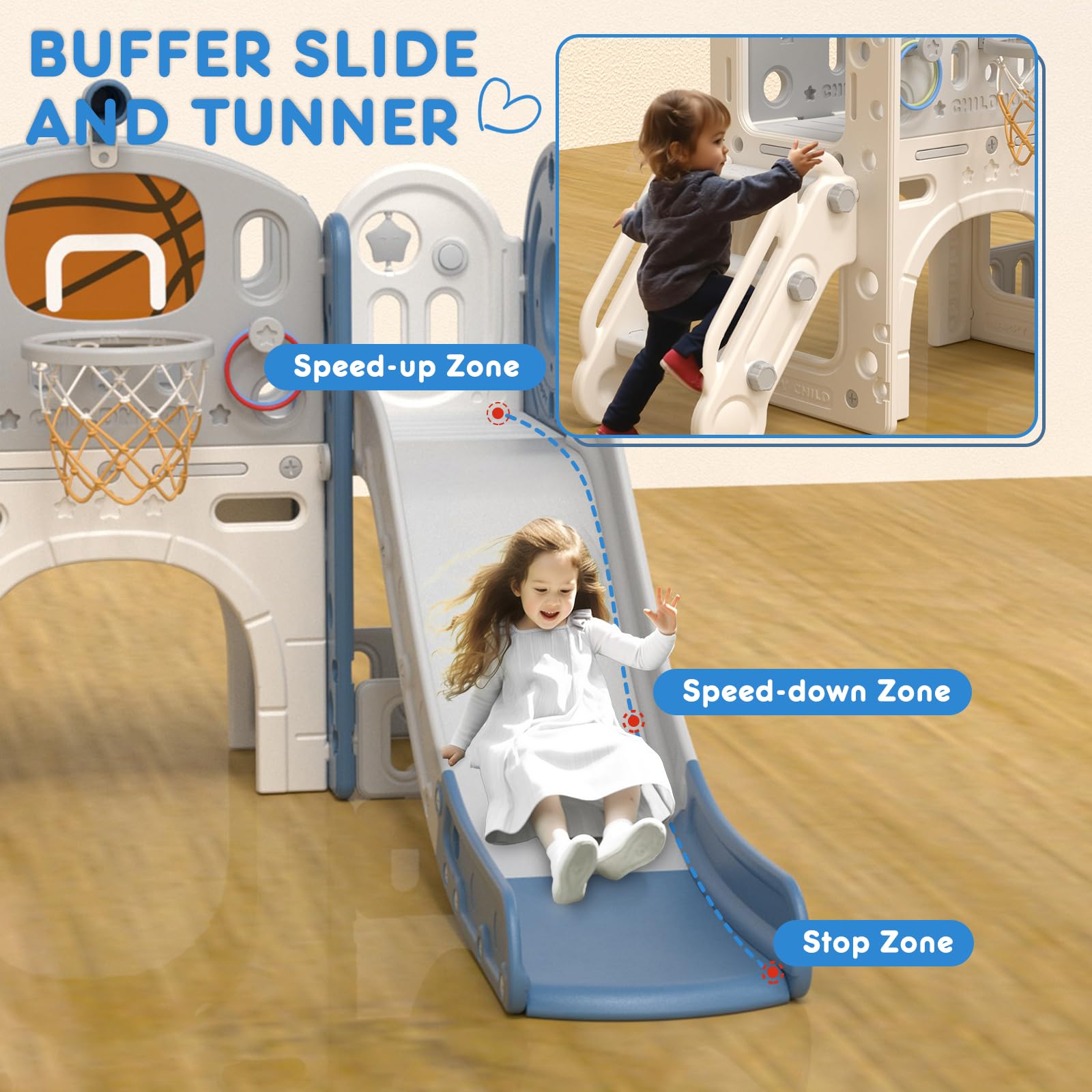 XJD 8-in-1 Toddler Slide and Climber Playset with Basketball Hoop - Indoor & Outdoor Playground for Kids Ages 1-3 Years - Perfect for Backyard, Playroom, Daycare and Preschool (Blue Grey)
