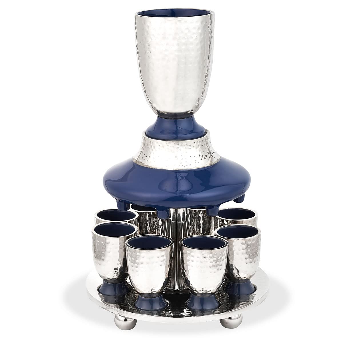Zion Judaica Shabbat Blue Enamel Kiddush Cup & Wine Fountain Set - 7.5 oz Hammered Metal Goblet with 8 Mini 1.2 oz Stemmed Shot Cups - Perfect for Shabbat, Passover, Holidays & Pesach Seder Table Decor - Elegant Jewish Ceremonial Wine Set for Home Celebrations
