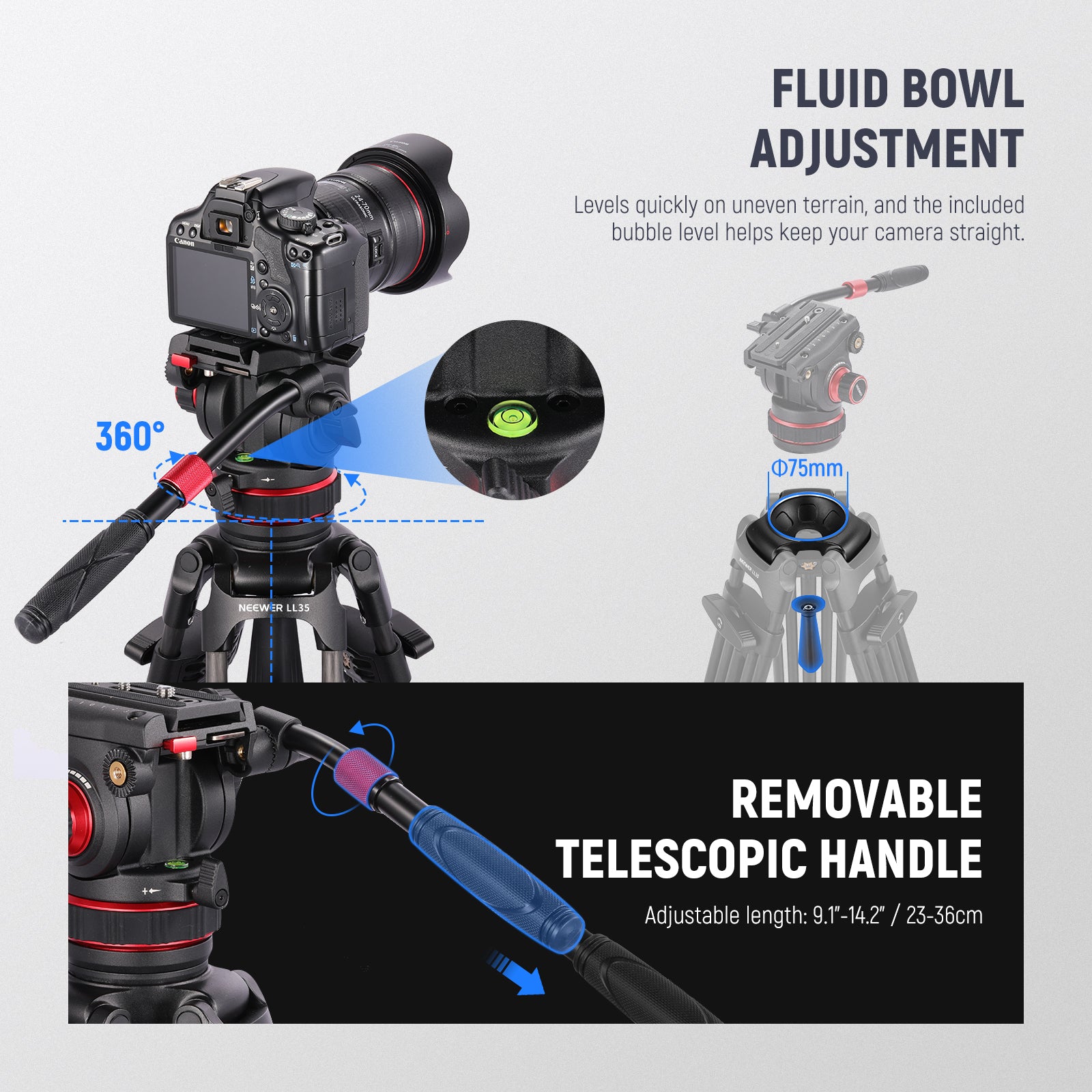 NEEWER LL35 78 Pro Carbon Fiber Tripod for DSLR Camera - Lightweight Professional Video Tripod with Fluid Head for Photography, Vlogging & Film Making