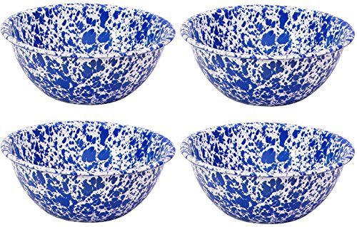 Crow Canyon 2 Quart Blue Marble Enamelware Serving Bowls - Set of 4 for Dining, Entertaining & Kitchen Use