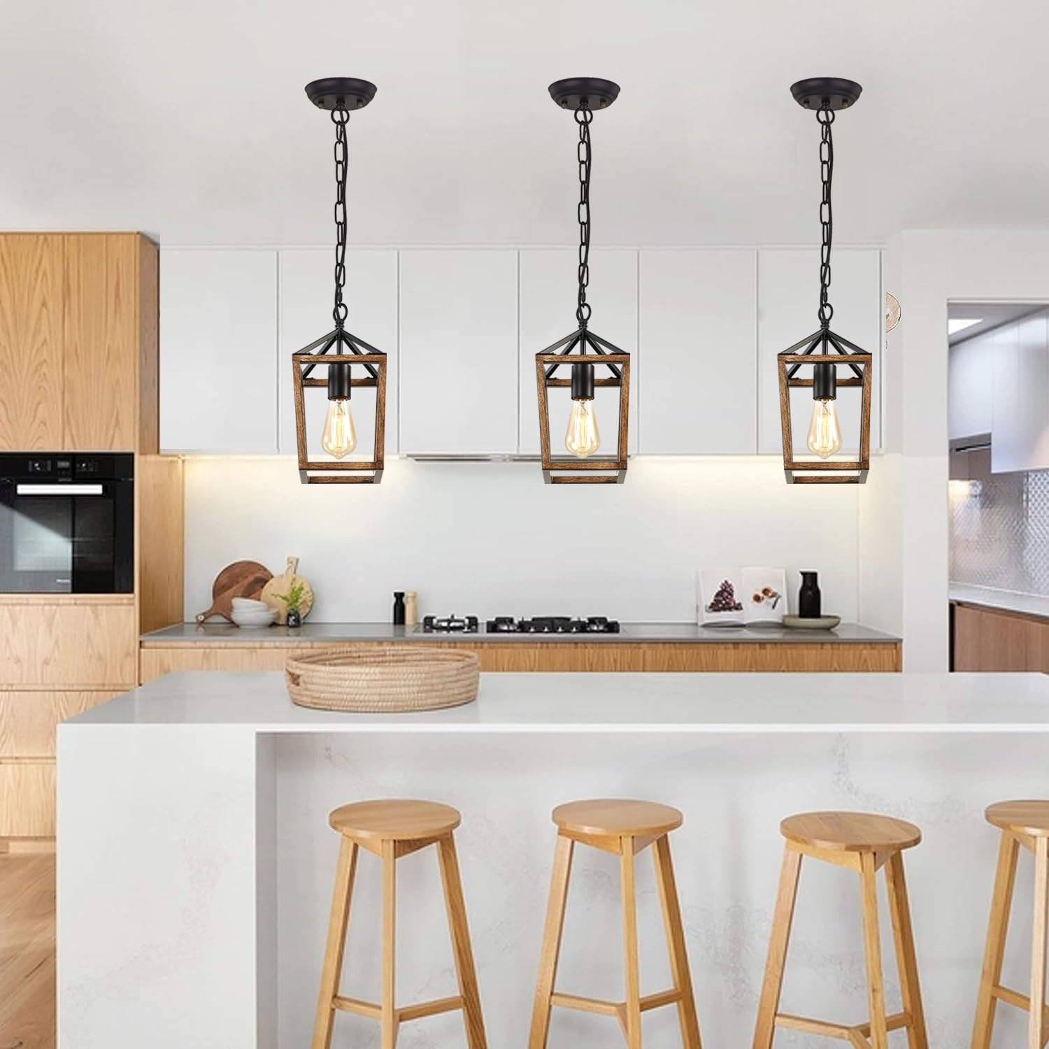 Farmhouse Pendant Light for Kitchen Island - Industrial Metal Hanging Light with Wood Grain Finish, Height Adjustable - Rustic Lighting Fixture for Dining Room, Entryway, Hallway & Kitchen Decor - Perfect for Farmhouse, Industrial & Modern Home Styles