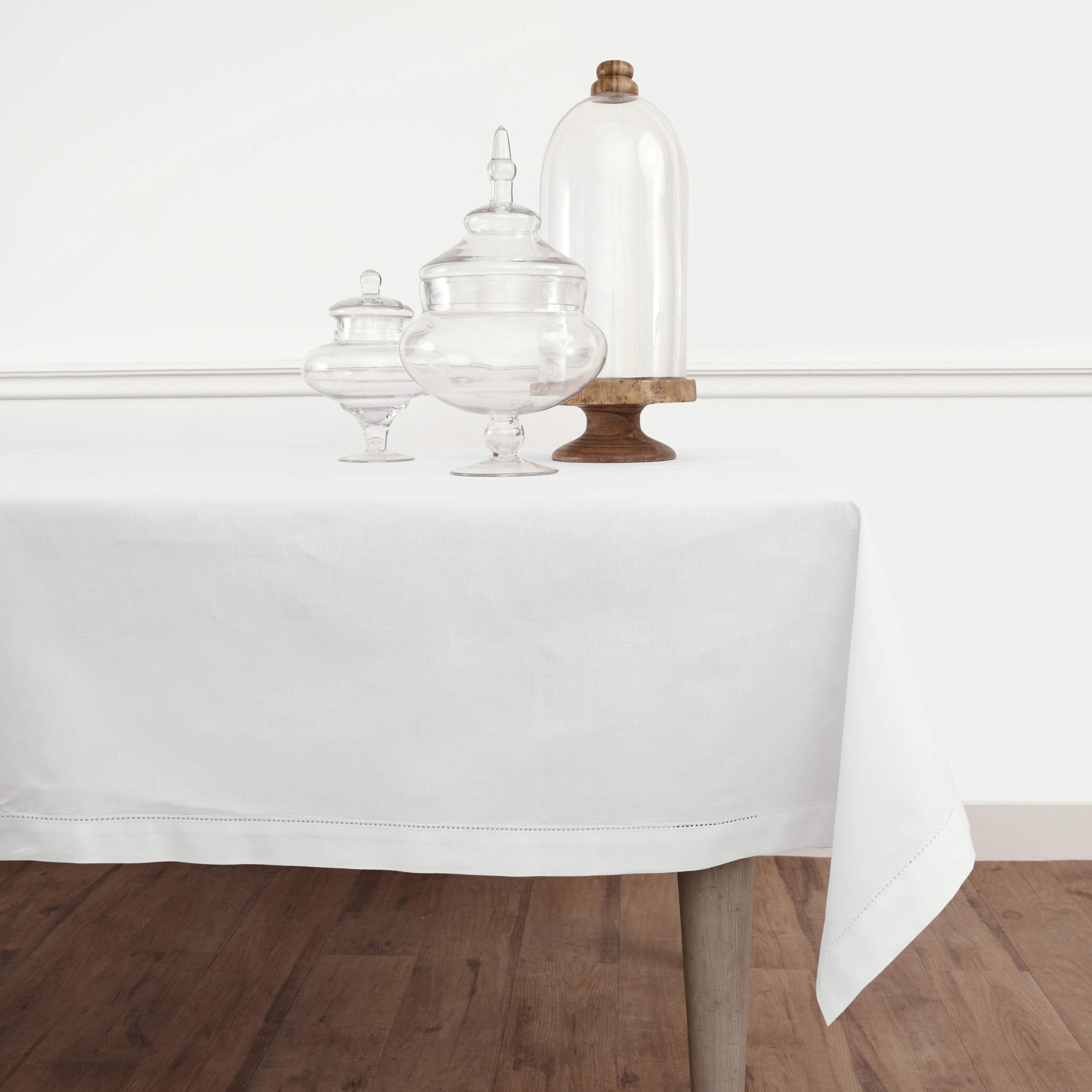 Premium White Cotton Linen Tablecloth 58x120 Inches - Elegant Hemstitch Rectangular Table Cover for Dining Room, Wedding & Events - Machine Washable Decorative Table Linen for Spring, Easter, Mother's Day & Party Decorations - Perfect for Holiday Gatherings, Restaurant Settings & Special Occasions