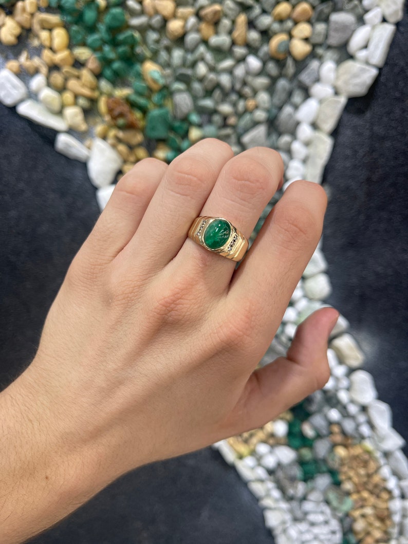 4.93tcw 14K Gold Natural Emerald Cabochon Oval Cut Diamond Accent Men's Ring for Wedding, Engagement & Gift - Handmade Jewelry for Him