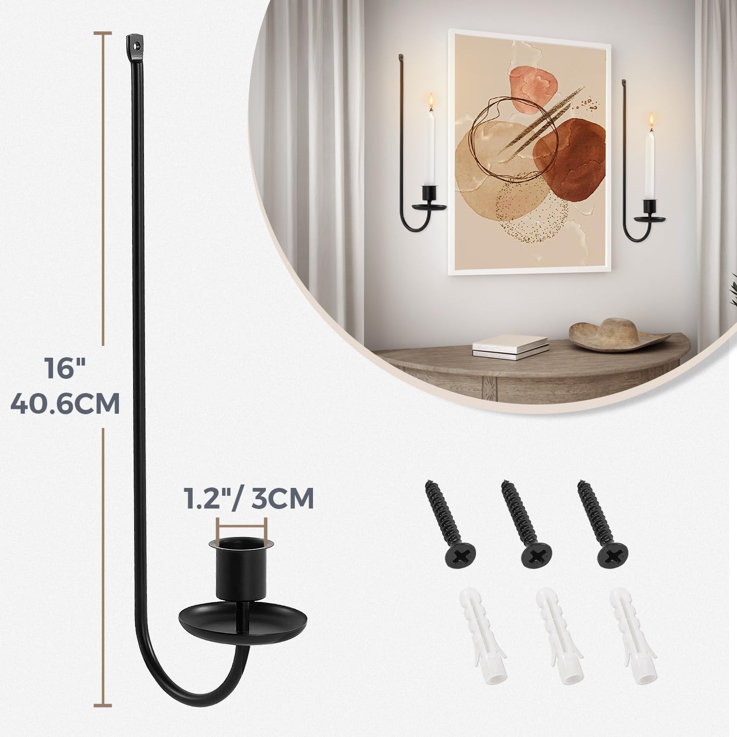 Set of 2 Black Metal Wall Candle Sconces - Modern Wall Mounted Candle Holders for Living Room, Farmhouse, Fireplace & Wedding Decor | Rustic Home Lighting Fixtures for Indoor & Outdoor Use