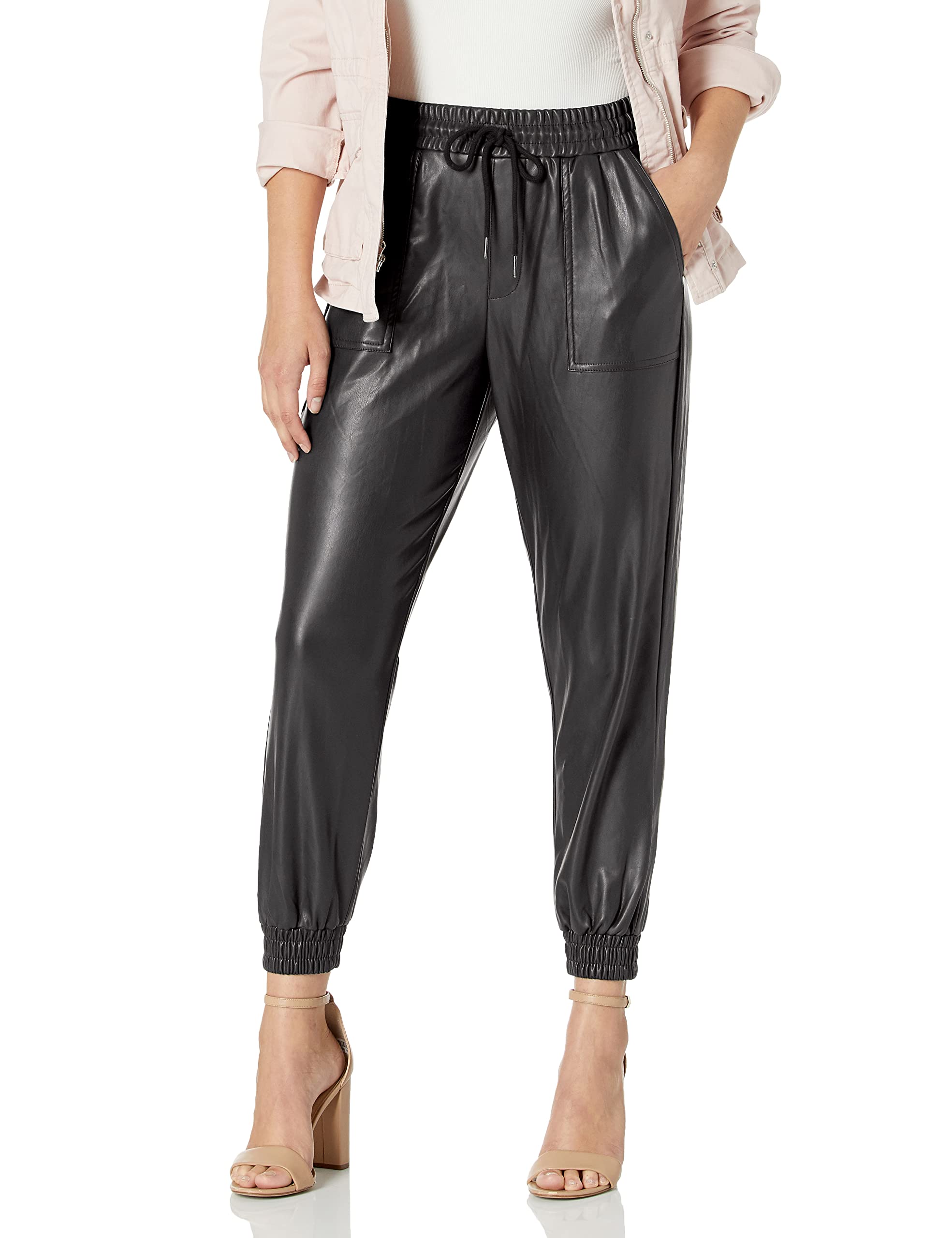 BCBGeneration Women's Faux Leather Joggers with Drawstring Waist - Stylish Comfort Pants for Casual Wear, Lounging & Running Errands