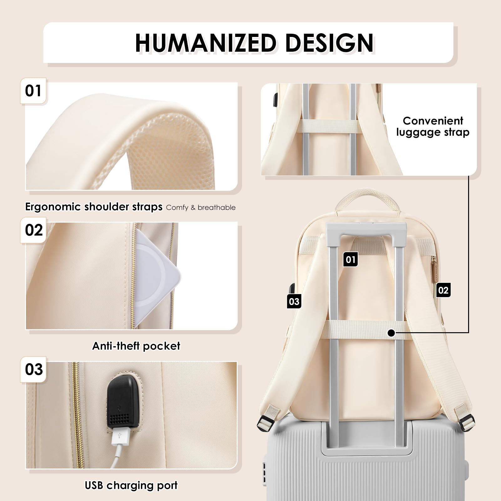 Stylish Women's Laptop Backpack with Dedicated Compartment - Water-Resistant Travel Backpack & College Bookbag for Work, School & Daily Commute - Includes Small Organizer Bag (Beige) | Perfect for Business Trips, Campus Life & Urban Adventures