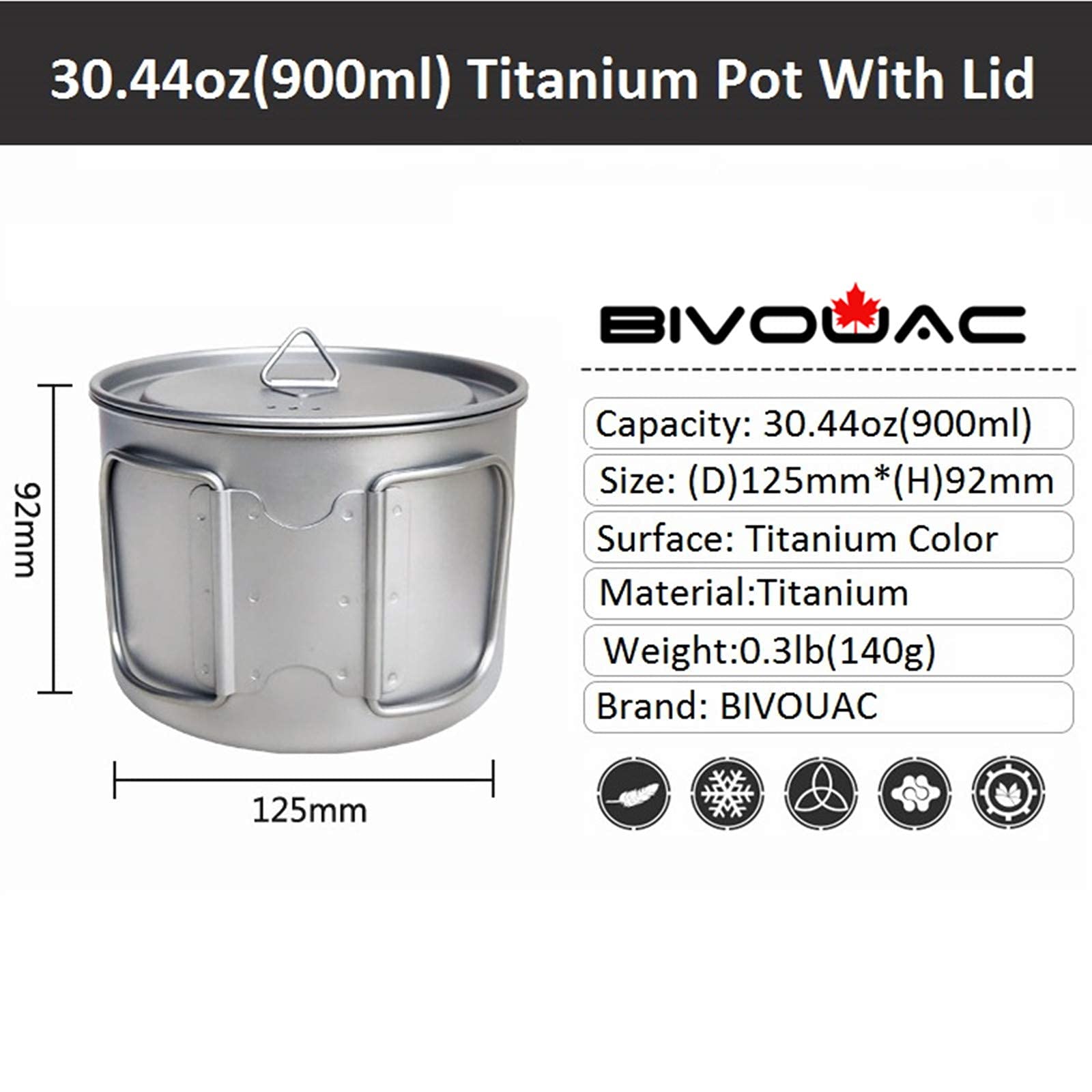 BIVOUAC 900ml Titanium Pot with Lid - Lightweight Titanium Camping Cookware Set, Backpacking Coffee Cup for Outdoor Cooking, Hiking & Camping Trips