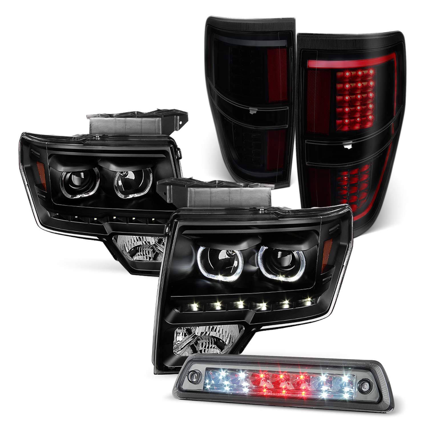 AKKON LED Headlights & Tail Lights Kit for 2009-2014 Ford F150 - Black Halo Projector Headlights with C-Shape Smoked LED Tail Lights & 3rd Brake Light - Upgrade Your Truck's Style & Visibility for Night Driving & Off-Road Adventures