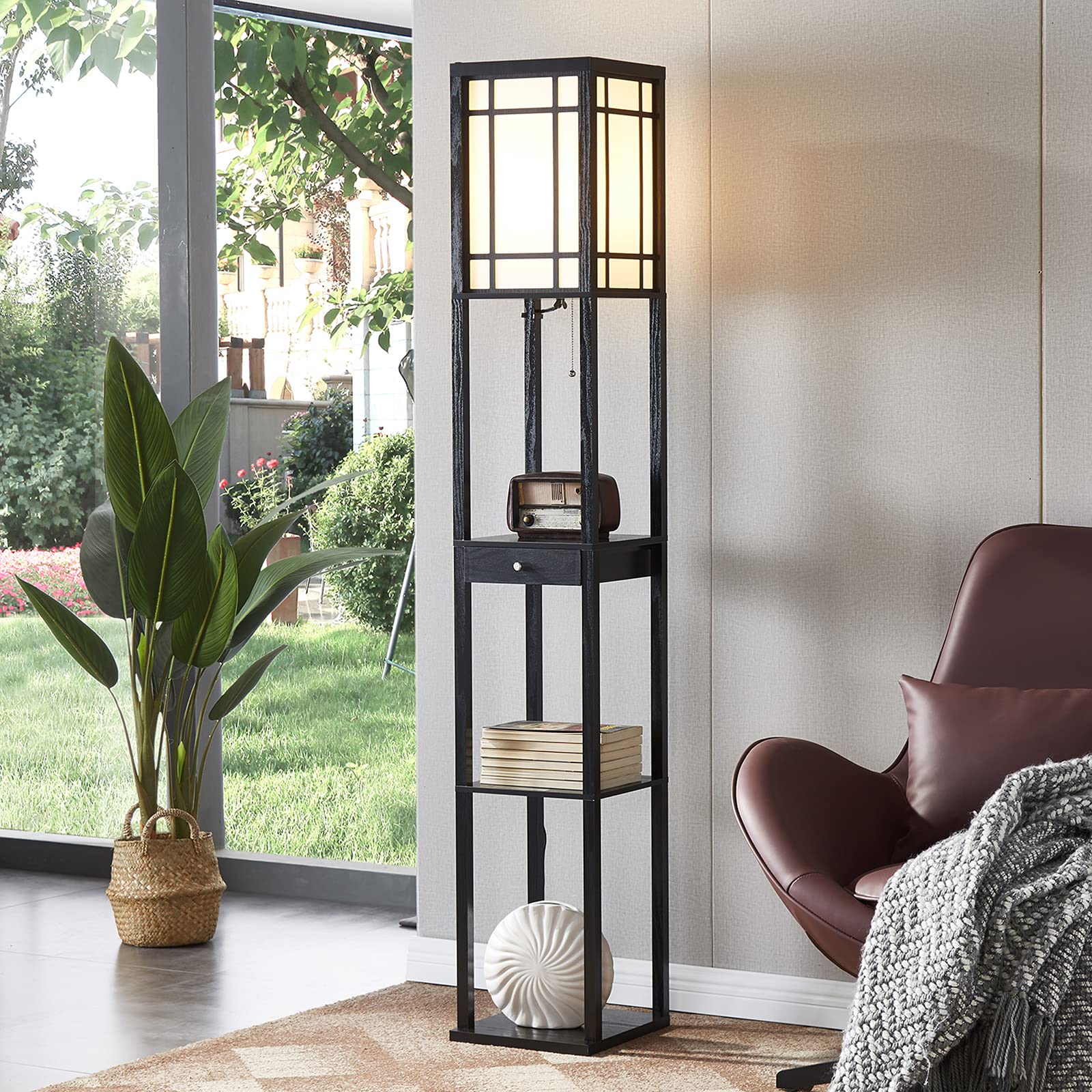Modern Floor Lamp with Shelves & Drawer - LED Bulb Included, Space-Saving Corner Tower Lamp with Storage, Tall Bookshelf Nightstand Light for Living Room, Bedroom, Office - Perfect for Reading & Home Decor (Black)