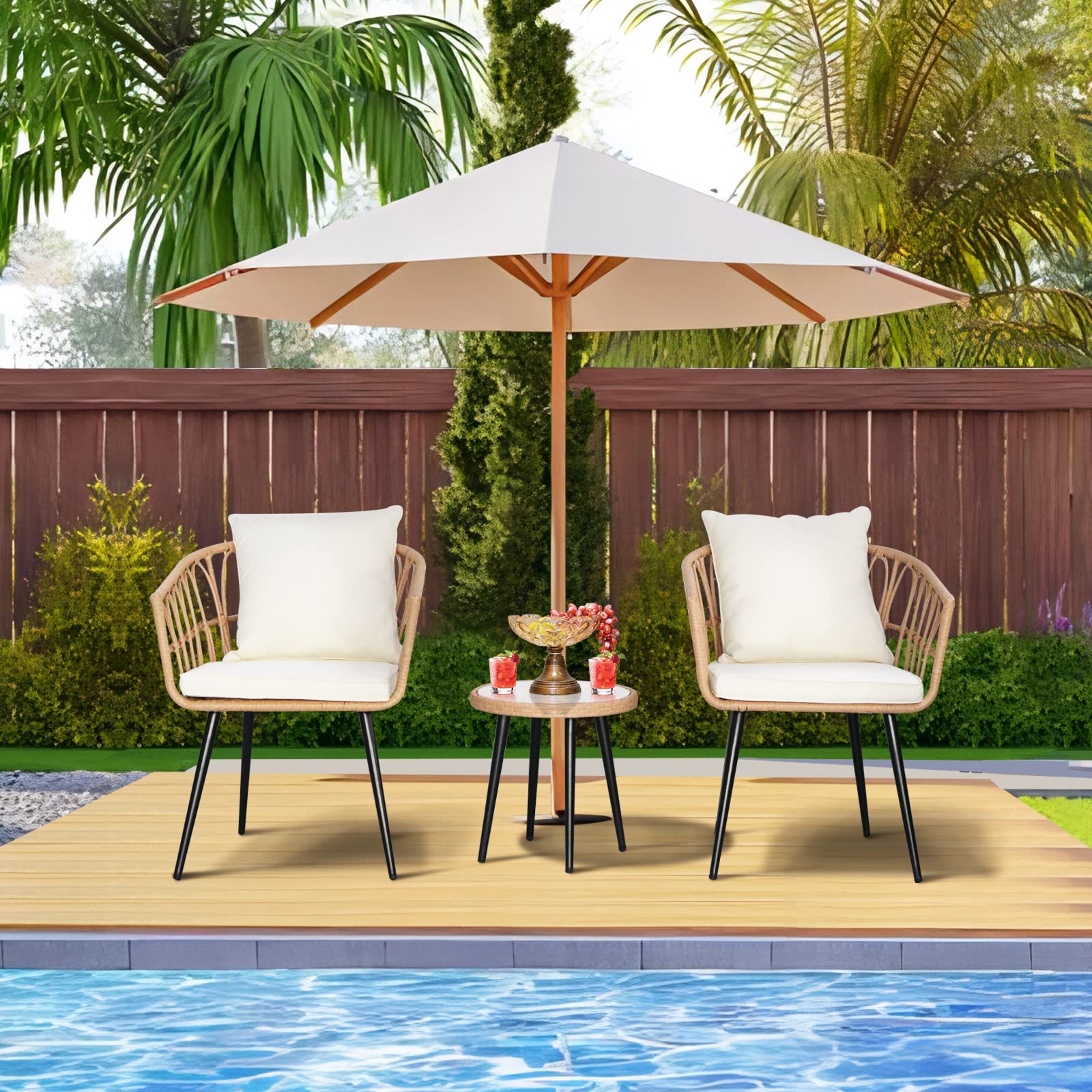 SoarFlash 3-Piece Outdoor Wicker Bistro Set with Coffee Table - Patio Conversation Chairs for Lawn, Garden, Backyard - Weather-Resistant Rattan Furniture for Relaxing Outdoors (Beige)
