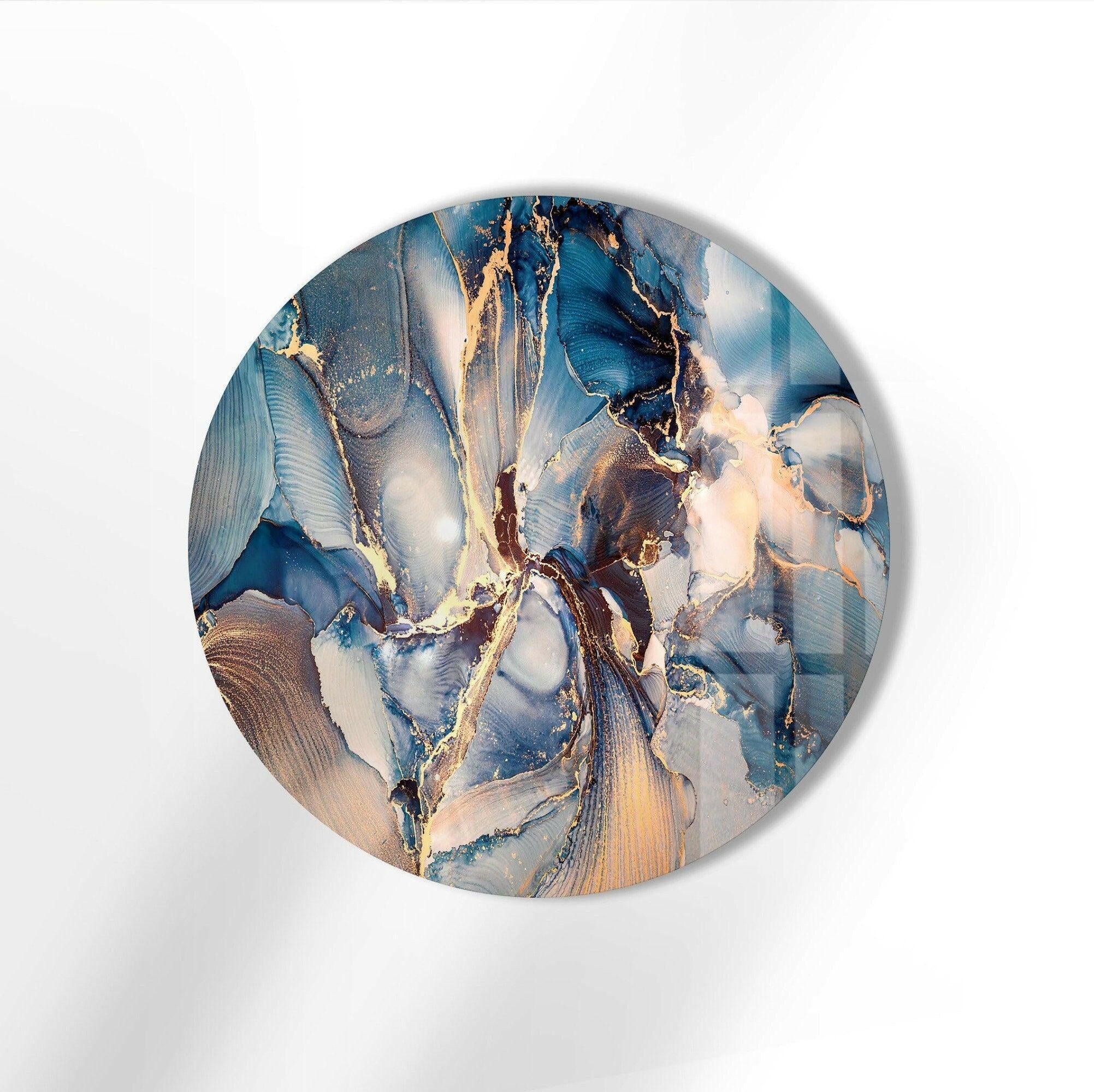 Blue Marble Pattern Round Glass Wall Art - Elegant Home Decor for Living Room, Bedroom & Office - Perfect for Modern & Contemporary Interior Design