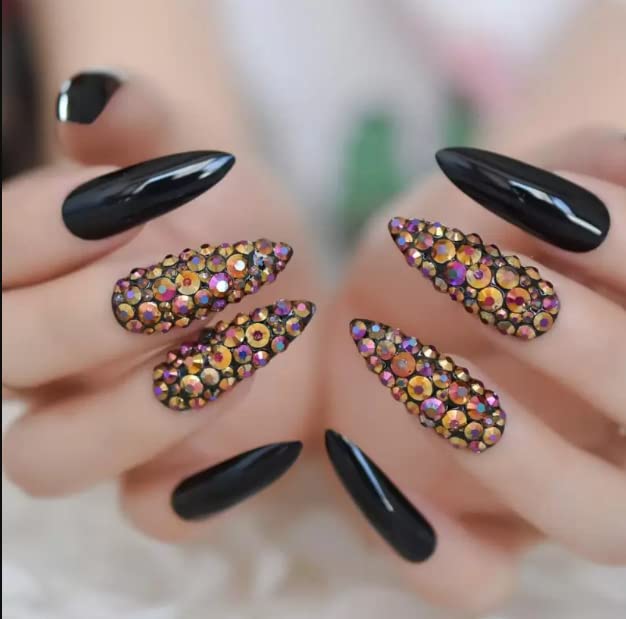 Premium False Nails Kit - Black Rhinestone Acrylic Nails with Strong Glue | Coffin Shape Artificial Nails for Women | Manicure Set for Parties, Weddings & Special Occasions | Fast Next Day Delivery