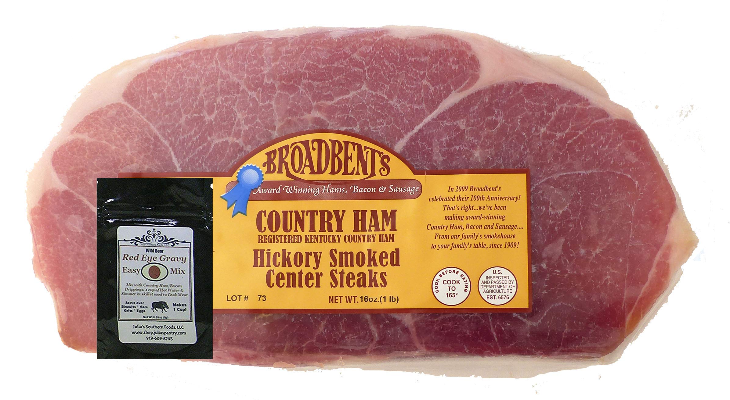 Julia's Pantry Hickory Smoked Country Ham Center Steaks - 1 lb Package with Free Red Eye Gravy Sample | Premium Cured Pork for Breakfast, Sandwiches & Southern Cooking