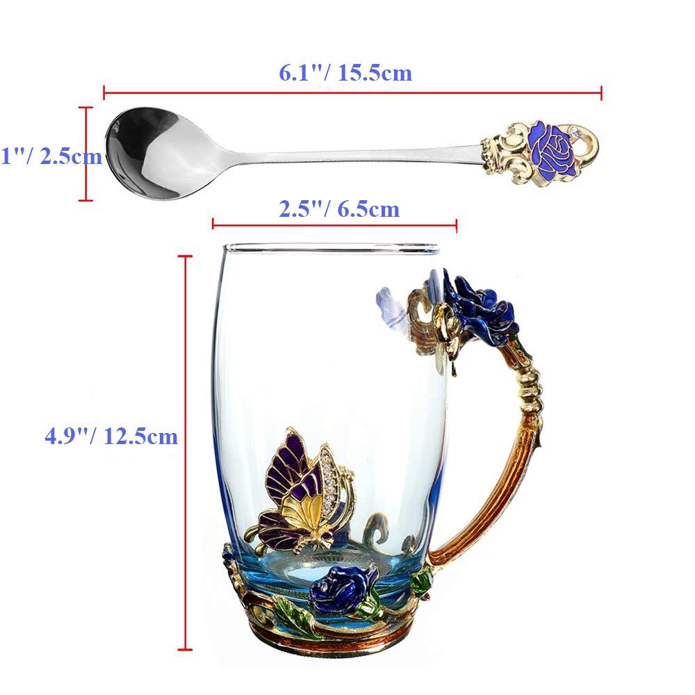 Kaiyuan Dynasty 12oz Glass Coffee Mug with Enamel Rose & Butterfly Design - Includes Spoon - Perfect for Tea, Coffee, Hot Chocolate - Ideal for Birthday Gifts, Wedding Favors, Home & Office Use