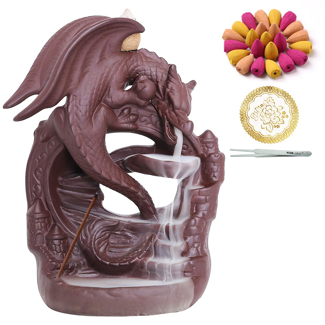 INONE Ceramic Dragon Backflow Incense Burner with 100 Cones - Waterfall Aromatherapy Holder, Zen Home Decor for Meditation, Yoga & Relaxation - Perfect for Living Room, Bedroom & Office Spaces