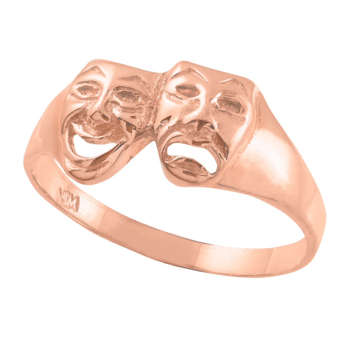 14k Rose Gold Comedy and Tragedy Theater Masks Ring - High Polish Drama Jewelry for Actors, Performers, and Theater Lovers - Perfect for Stage Performances, Costume Parties, and Greek Mythology Inspired Fashion