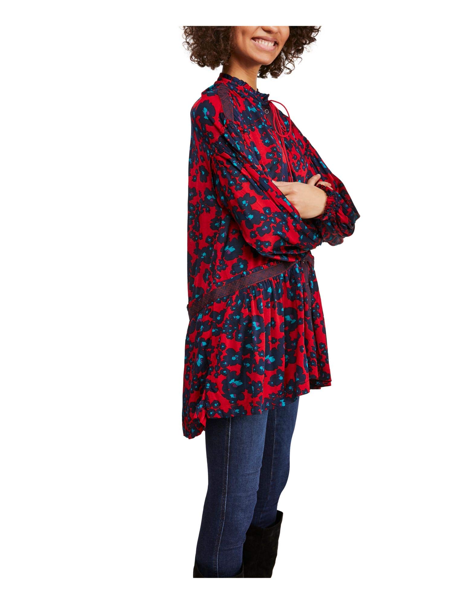Free Women's Love Letter Animal Print Ruffled Blouse - Red Floral Vintage Boho Chic Top for Casual Wear, Date Night & Office Outfits