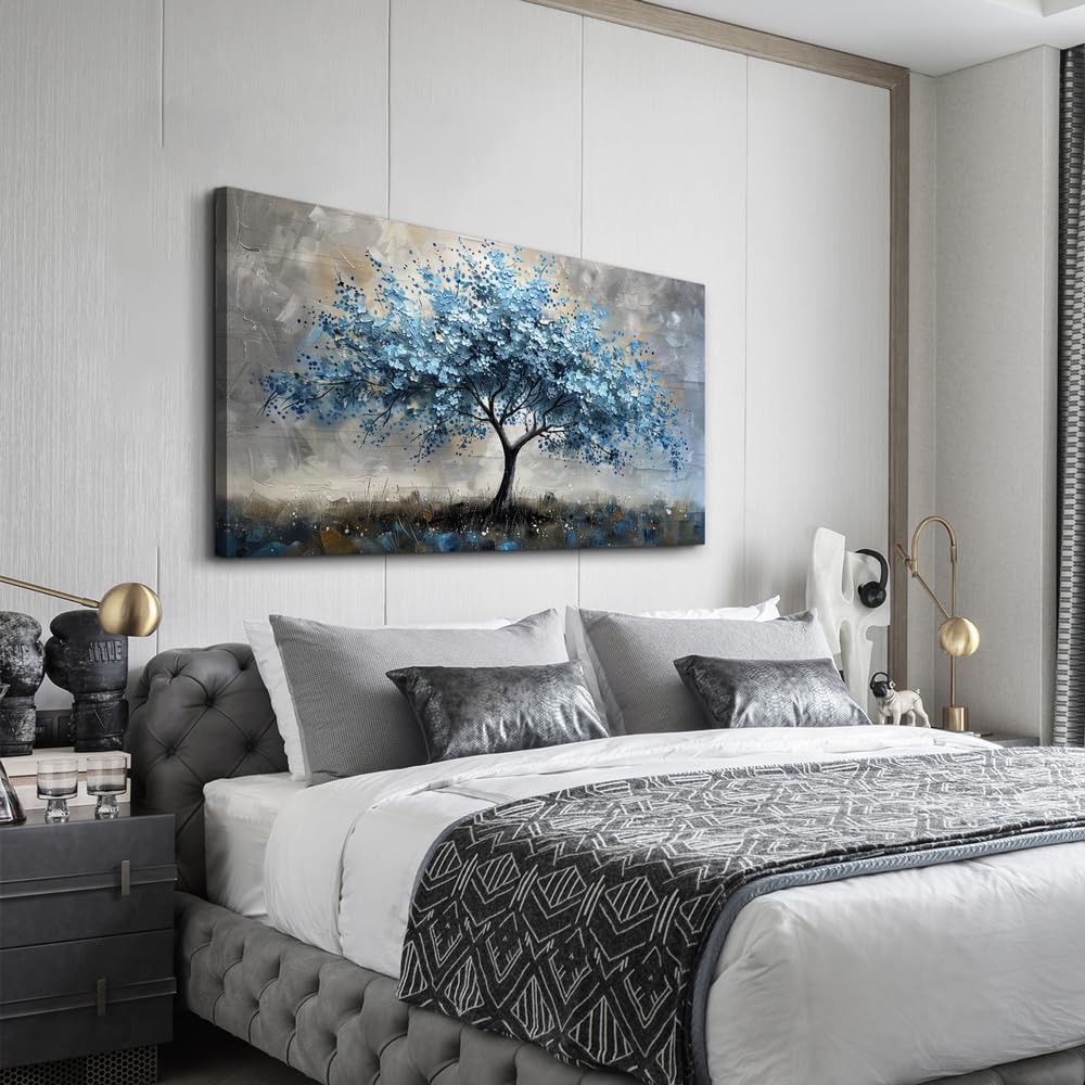 MHARTK66 Farmhouse Wall Art - Blue Tree Landscape Canvas Painting, Large Stretched & Framed Ready to Hang - Perfect for Living Room, Bedroom & Office Decor | Rustic Home Wall Decor for Modern Farmhouse, Apartment & Workspace