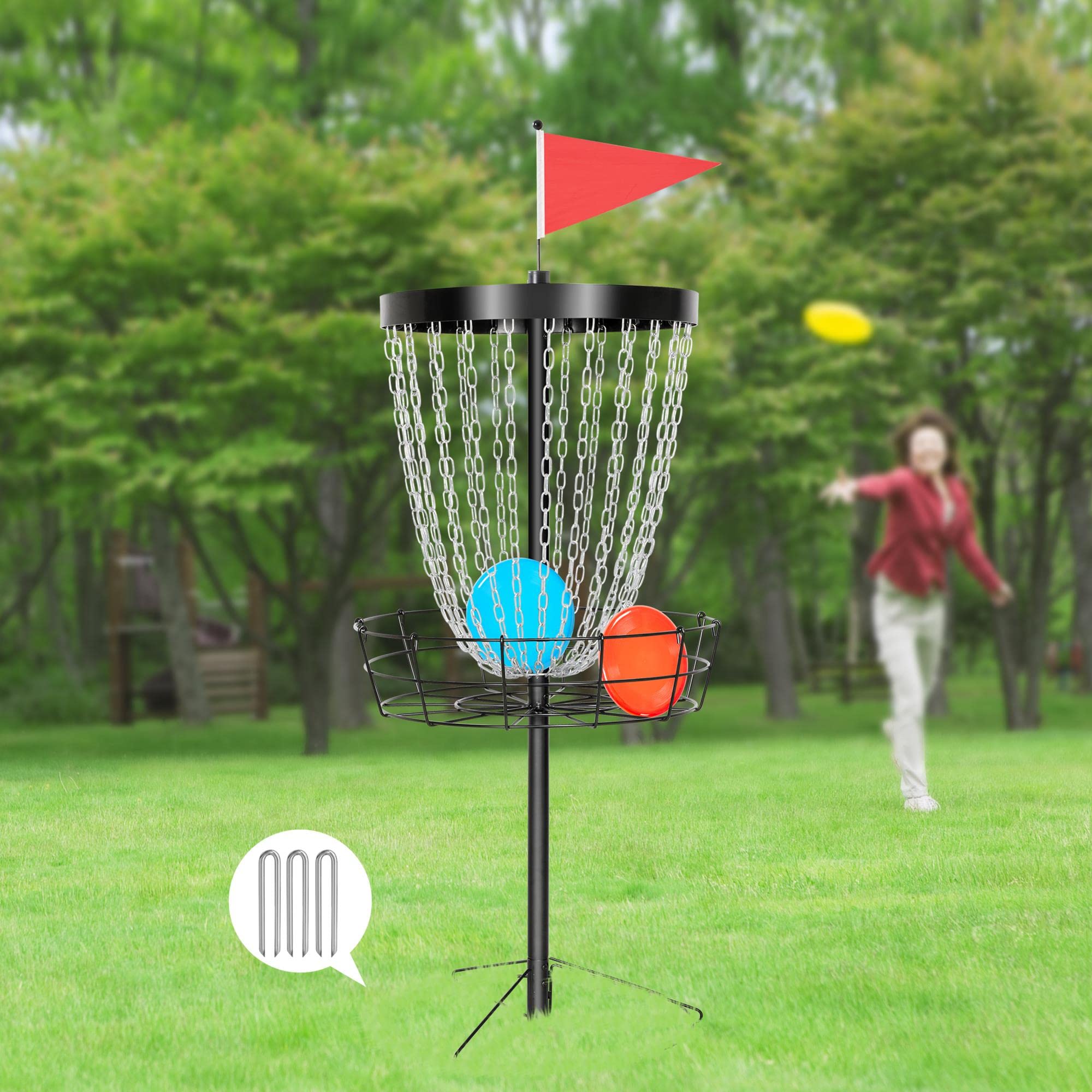 Topeakmart Portable 24-Chain Disc Golf Basket with 3 Discs - Professional Flying Disc Golf Practice Target & Steel Goal - Outdoor Sports Equipment for Backyard, Park & Training
