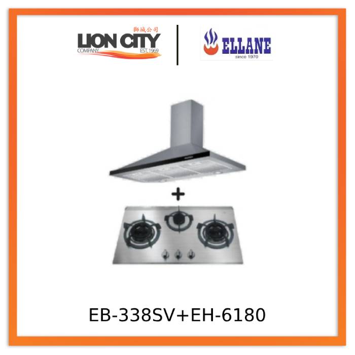 Ellane EH 6180 90cm Stainless Steel Range Hood with Ellane EB 338SV 76cm 3-Burner Gas Cooktop - Modern Kitchen Ventilation System for Home Cooking & Smoke Removal
